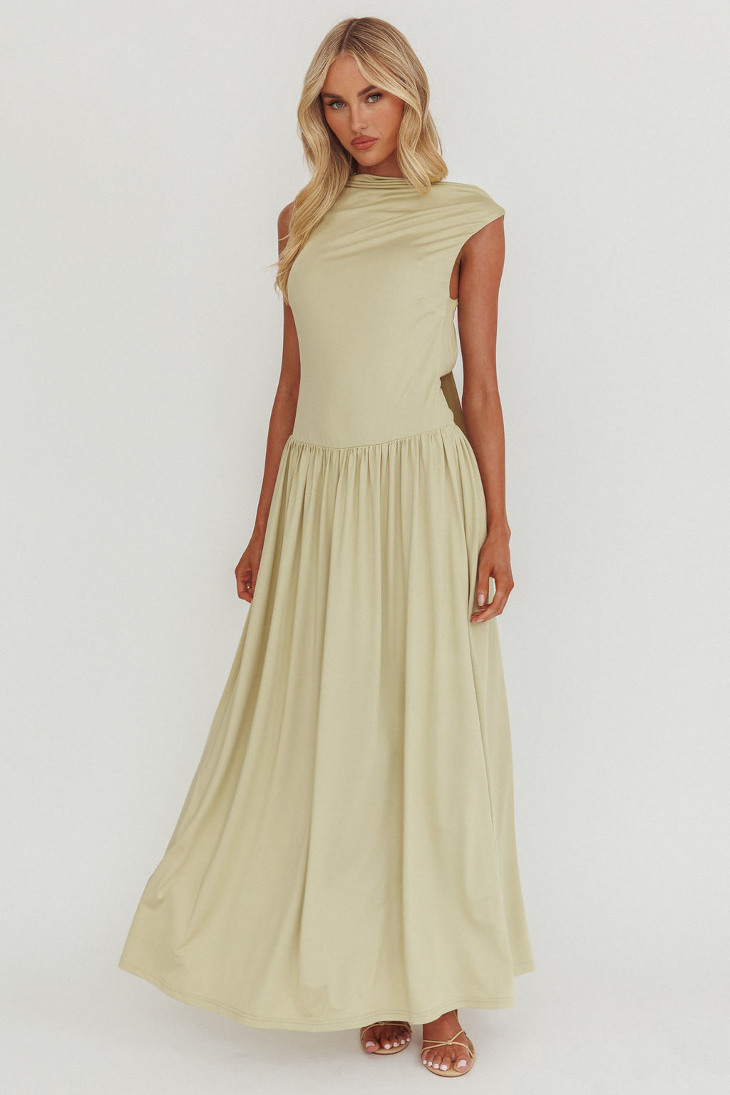 Dorothea High Cowl Open Back Maxi Dress Sage by Selfie Leslie Australia