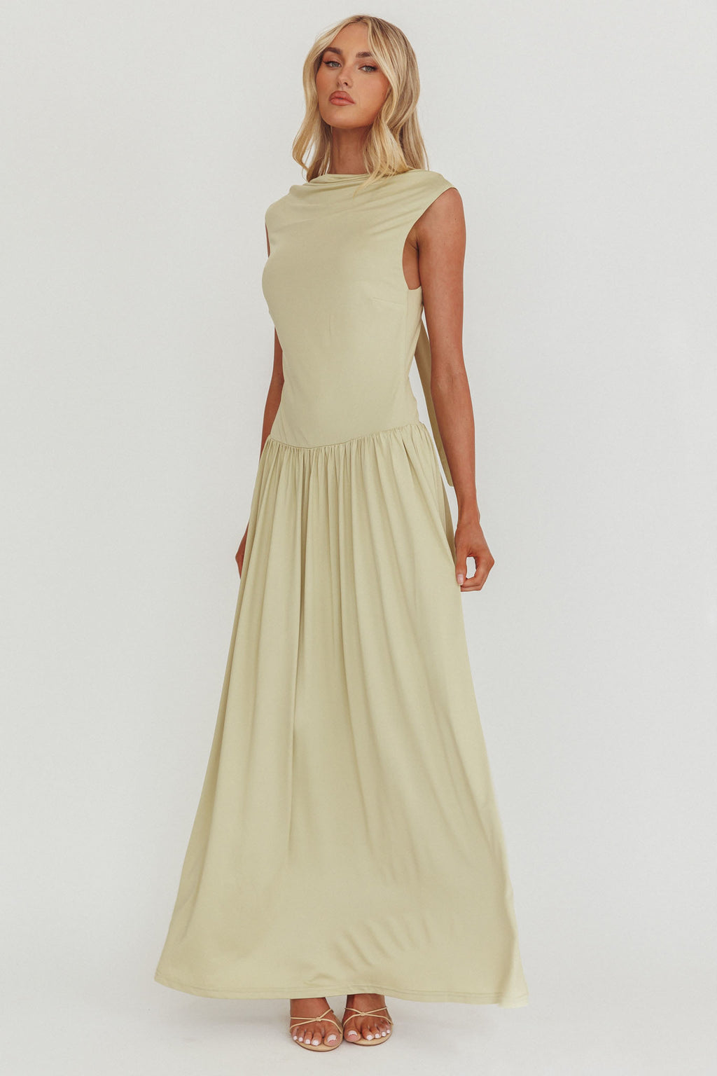Dorothea High Cowl Open Back Maxi Dress Sage by Selfie Leslie Australia