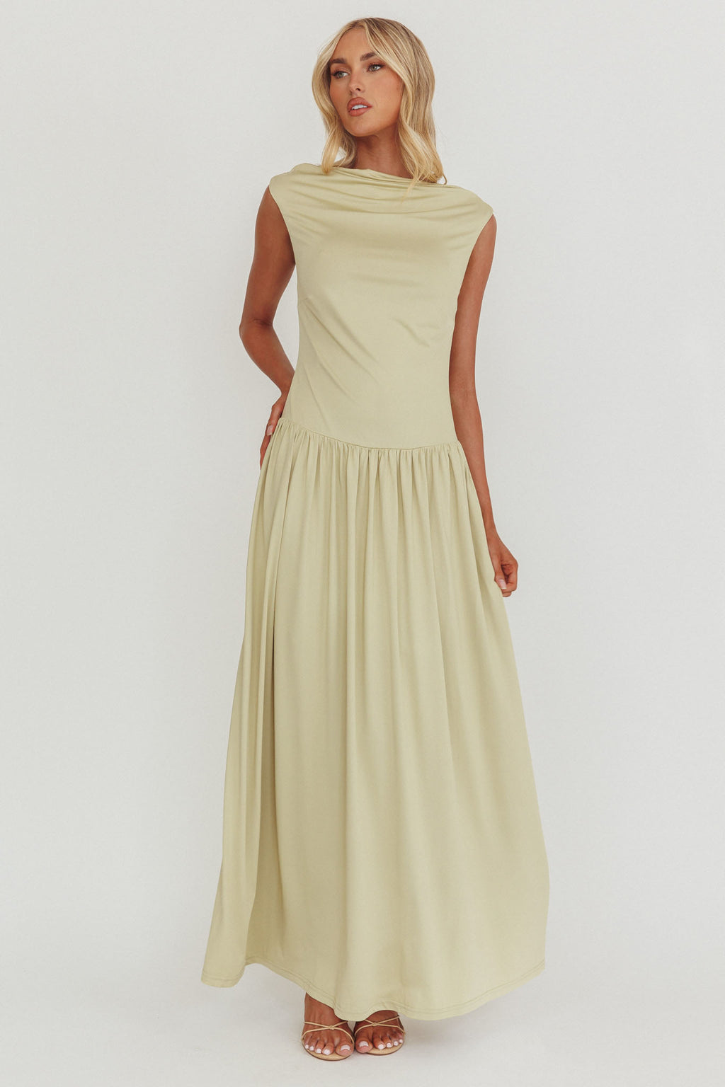 Dorothea High Cowl Open Back Maxi Dress Sage by Selfie Leslie Australia