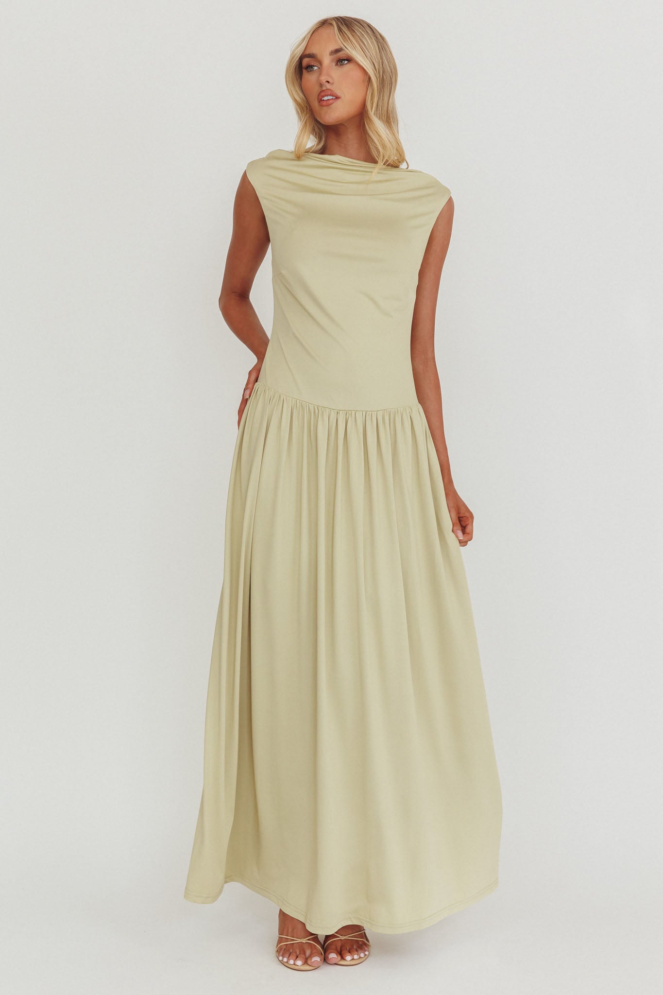 Dorothea High Cowl Open Back Maxi Dress Sage by Selfie Leslie Australia
