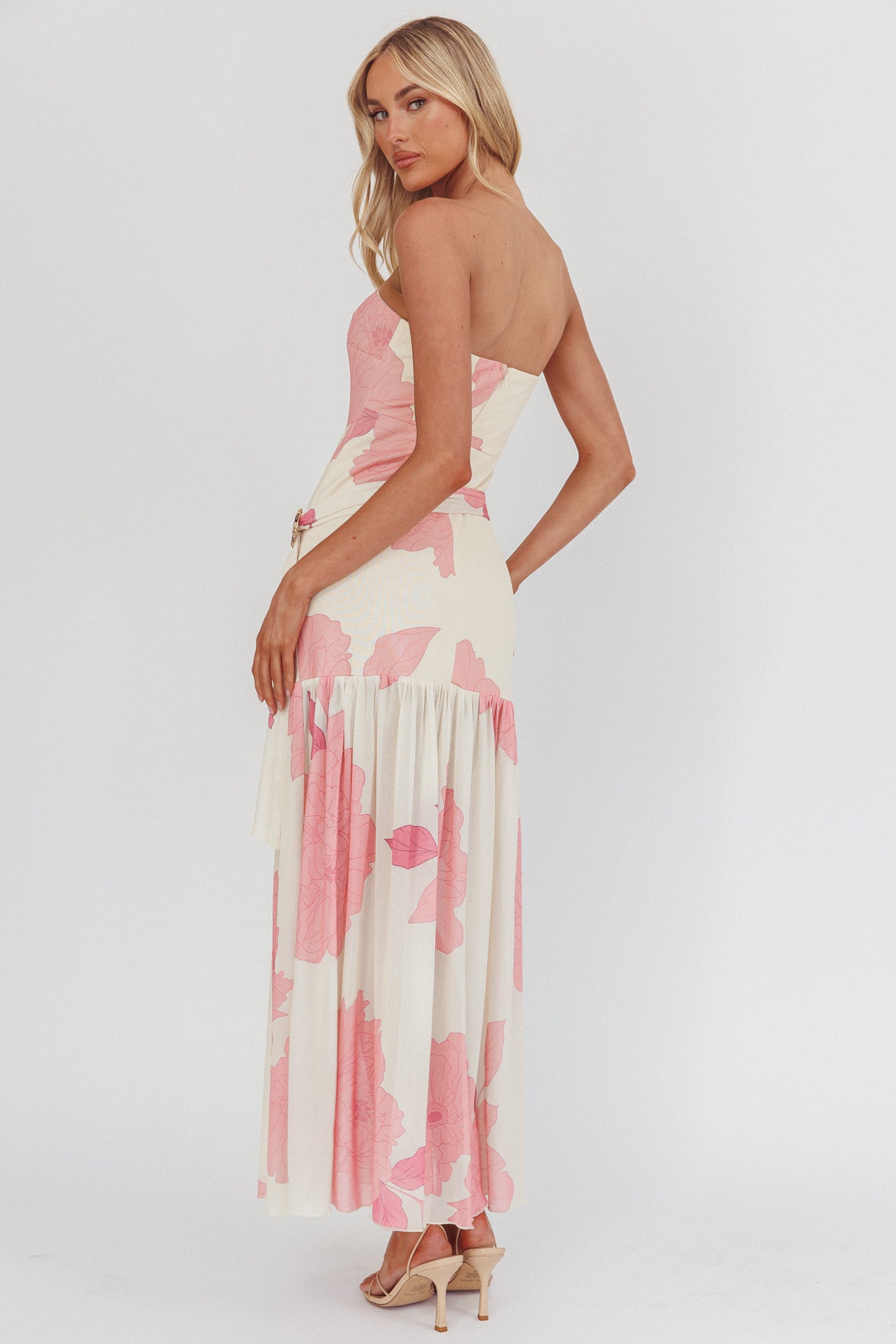 Antonella Strapless Waist Sash Maxi Dress Floral Pink by Selfie Leslie Australia