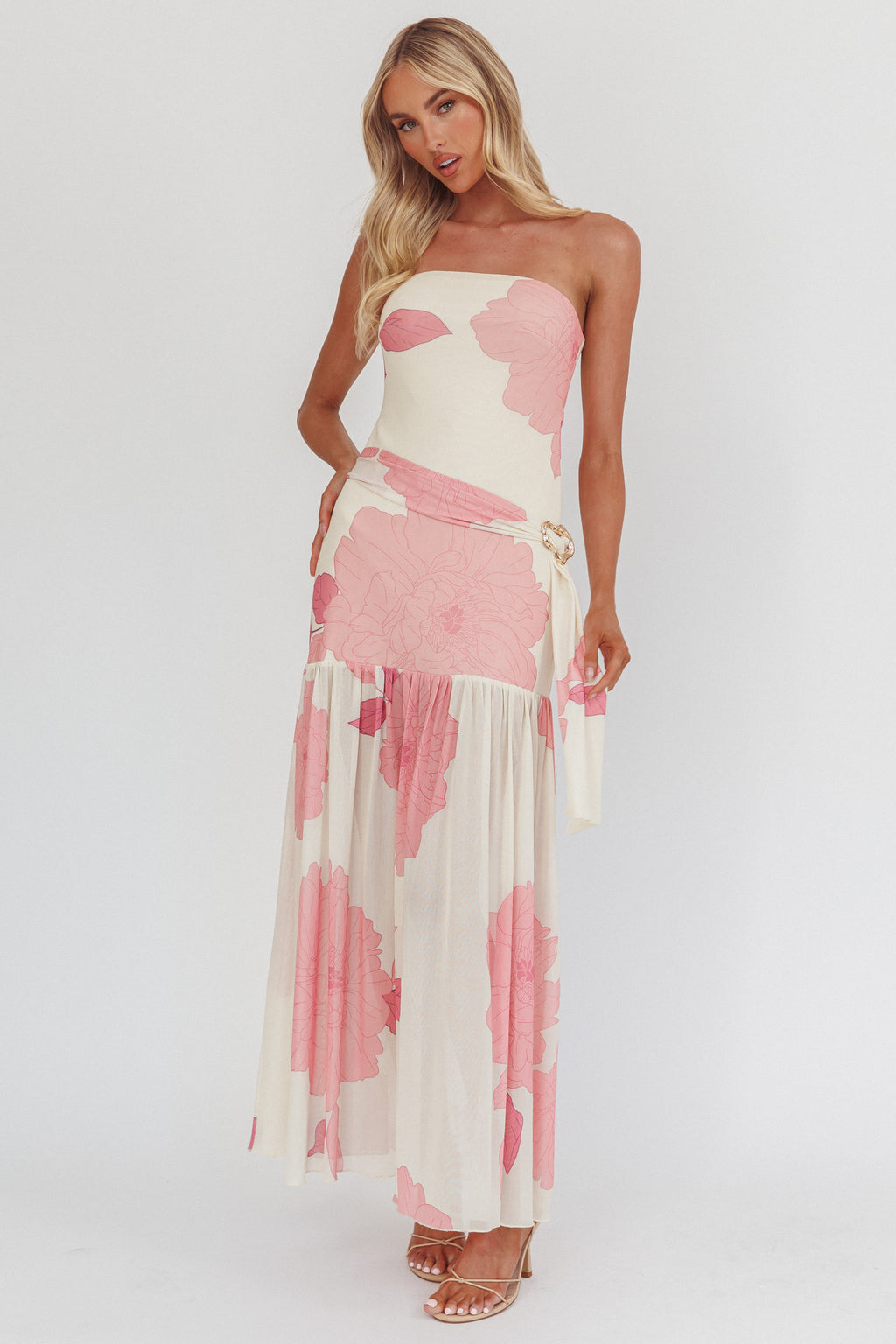 Antonella Strapless Waist Sash Maxi Dress Floral Pink by Selfie Leslie Australia