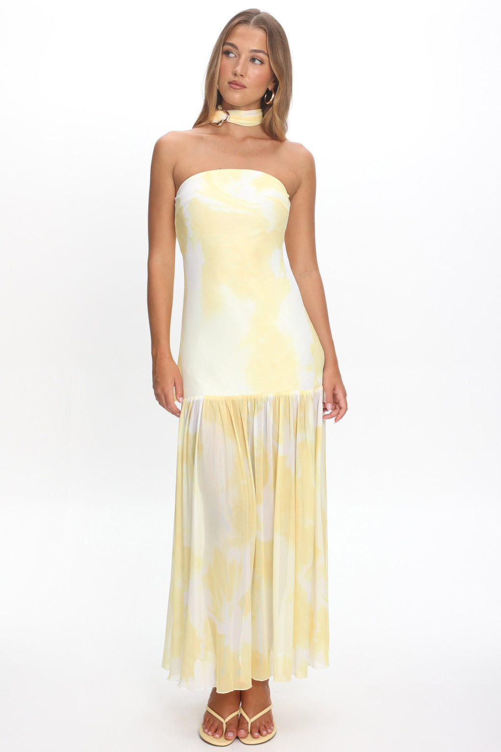 Antonella Strapless Waist Sash Maxi Dress Marbled Yellow by Selfie Leslie Australia