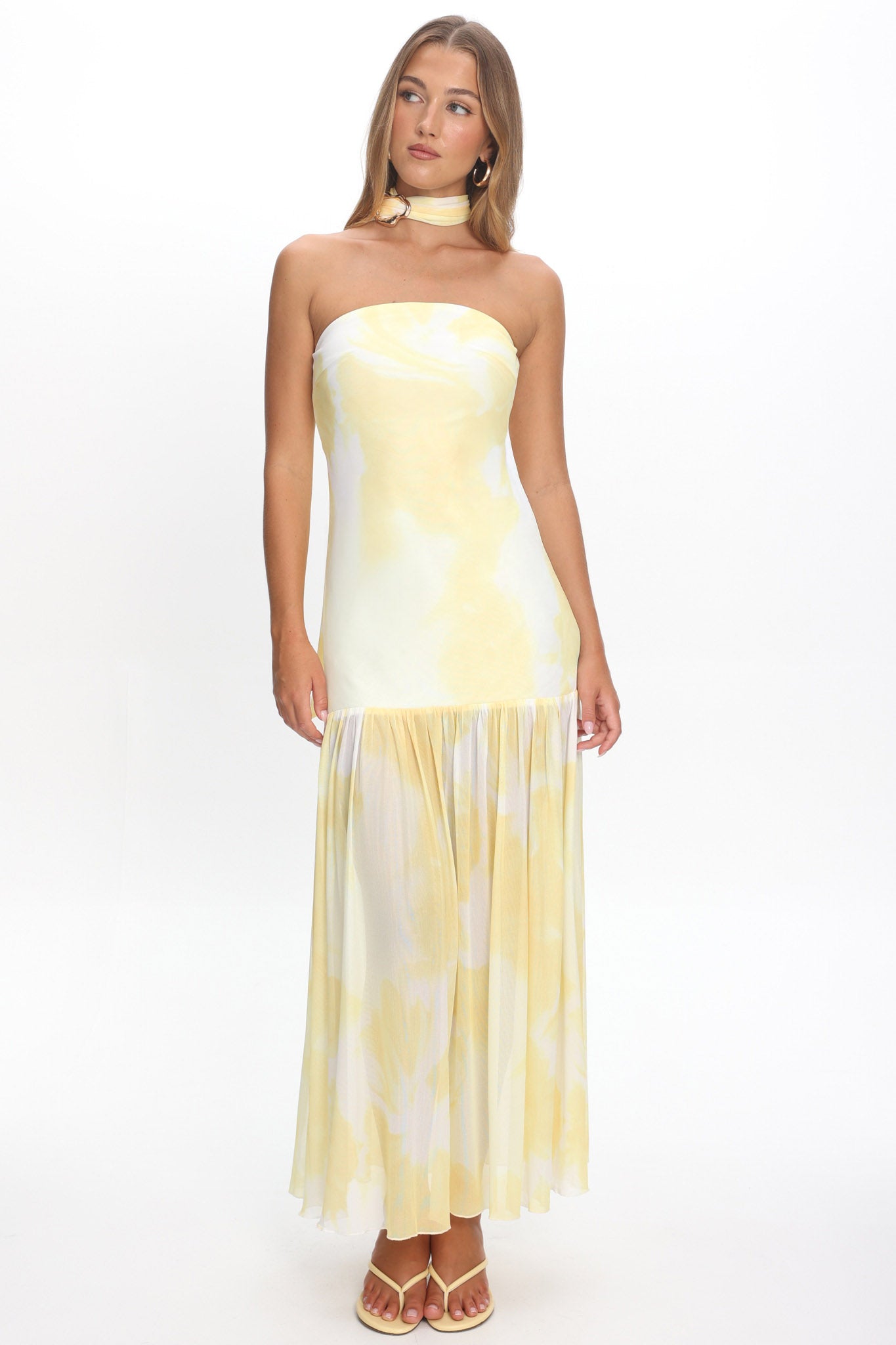 Antonella Strapless Waist Sash Maxi Dress Marbled Yellow by Selfie Leslie Australia