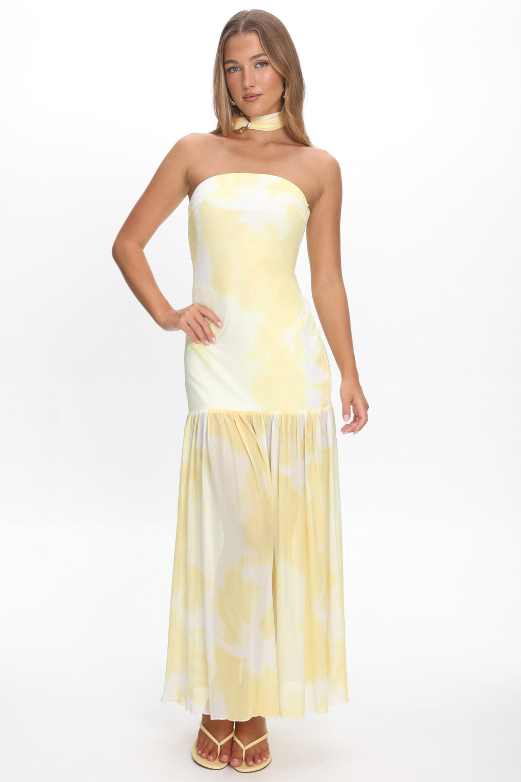 Antonella Strapless Waist Sash Maxi Dress Marbled Yellow by Selfie Leslie Australia