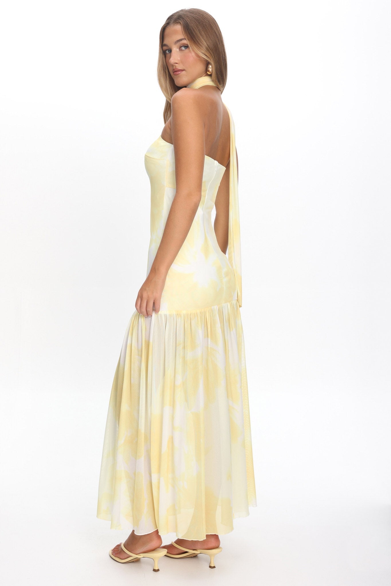 Antonella Strapless Waist Sash Maxi Dress Marbled Yellow by Selfie Leslie Australia