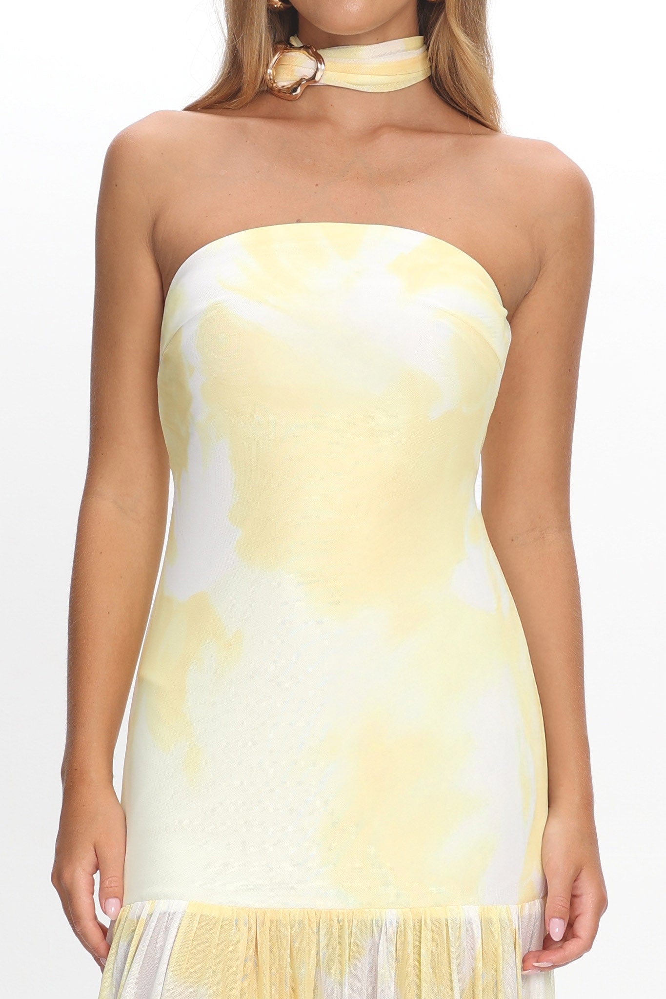 Antonella Strapless Waist Sash Maxi Dress Marbled Yellow by Selfie Leslie Australia