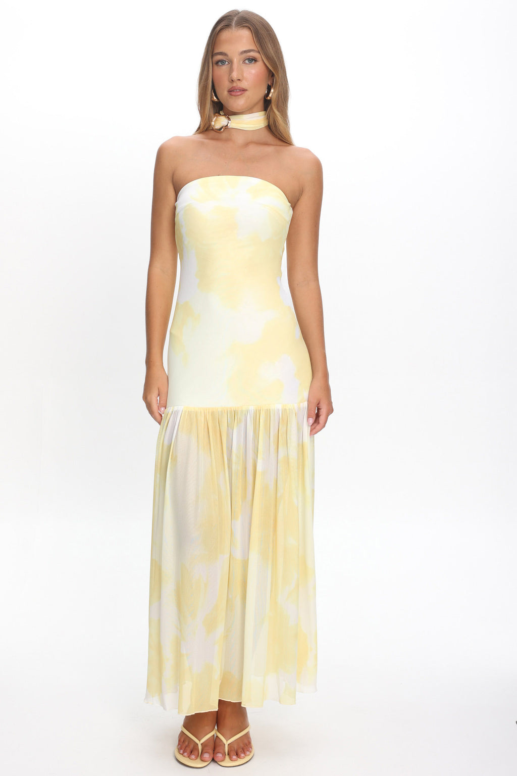 Antonella Strapless Waist Sash Maxi Dress Marbled Yellow by Selfie Leslie Australia