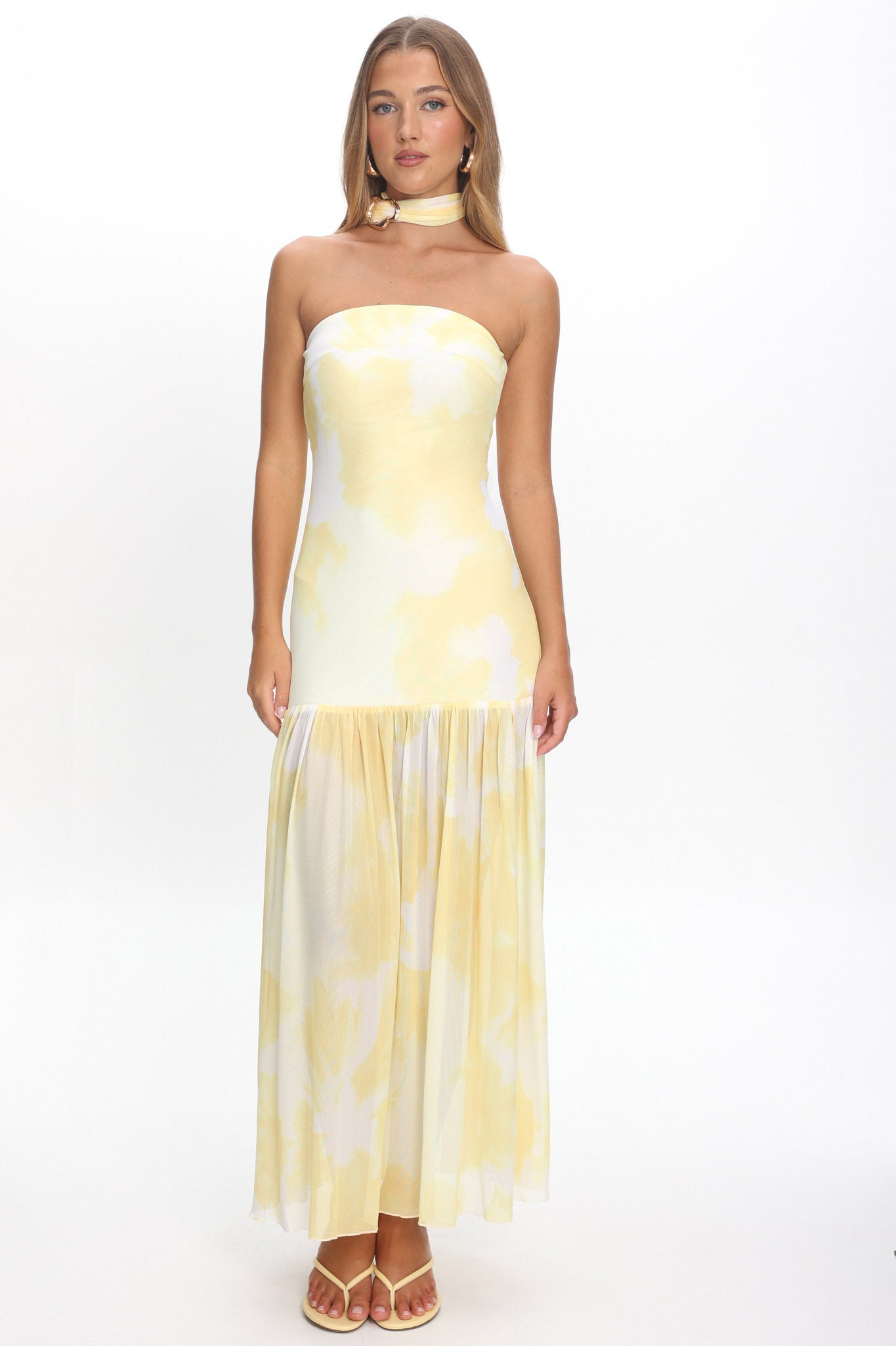 Antonella Strapless Waist Sash Maxi Dress Marbled Yellow by Selfie Leslie Australia