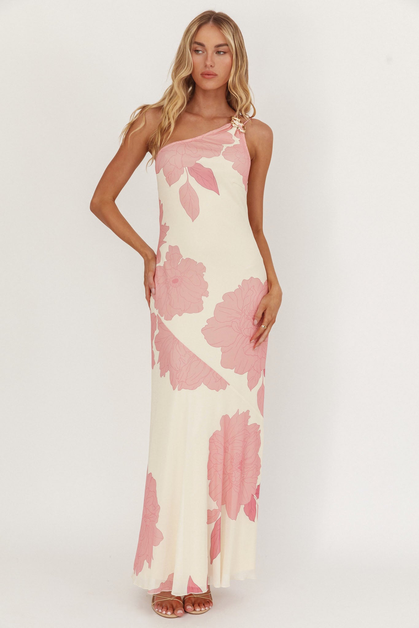 We Belong Together One-Shoulder Maxi Dress Floral Pink by Selfie Leslie Australia