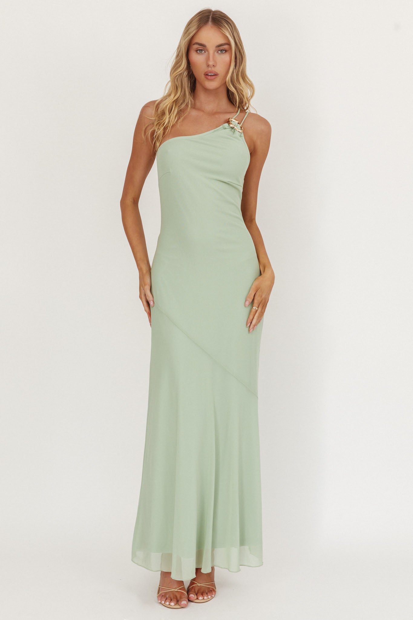 We Belong Together One-Shoulder Buckle Maxi Dress Mint by Selfie Leslie Australia