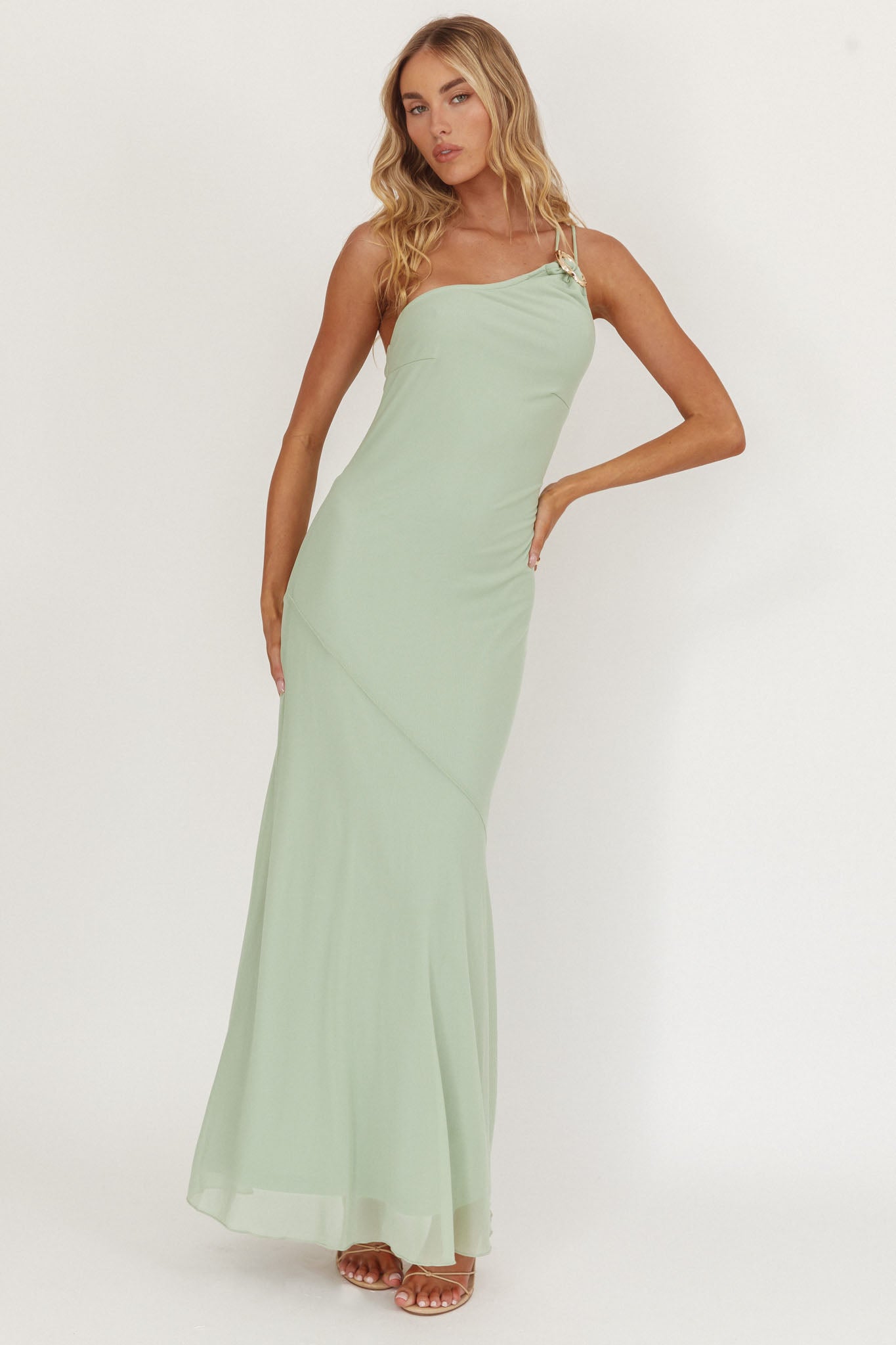 We Belong Together One-Shoulder Buckle Maxi Dress Mint by Selfie Leslie Australia
