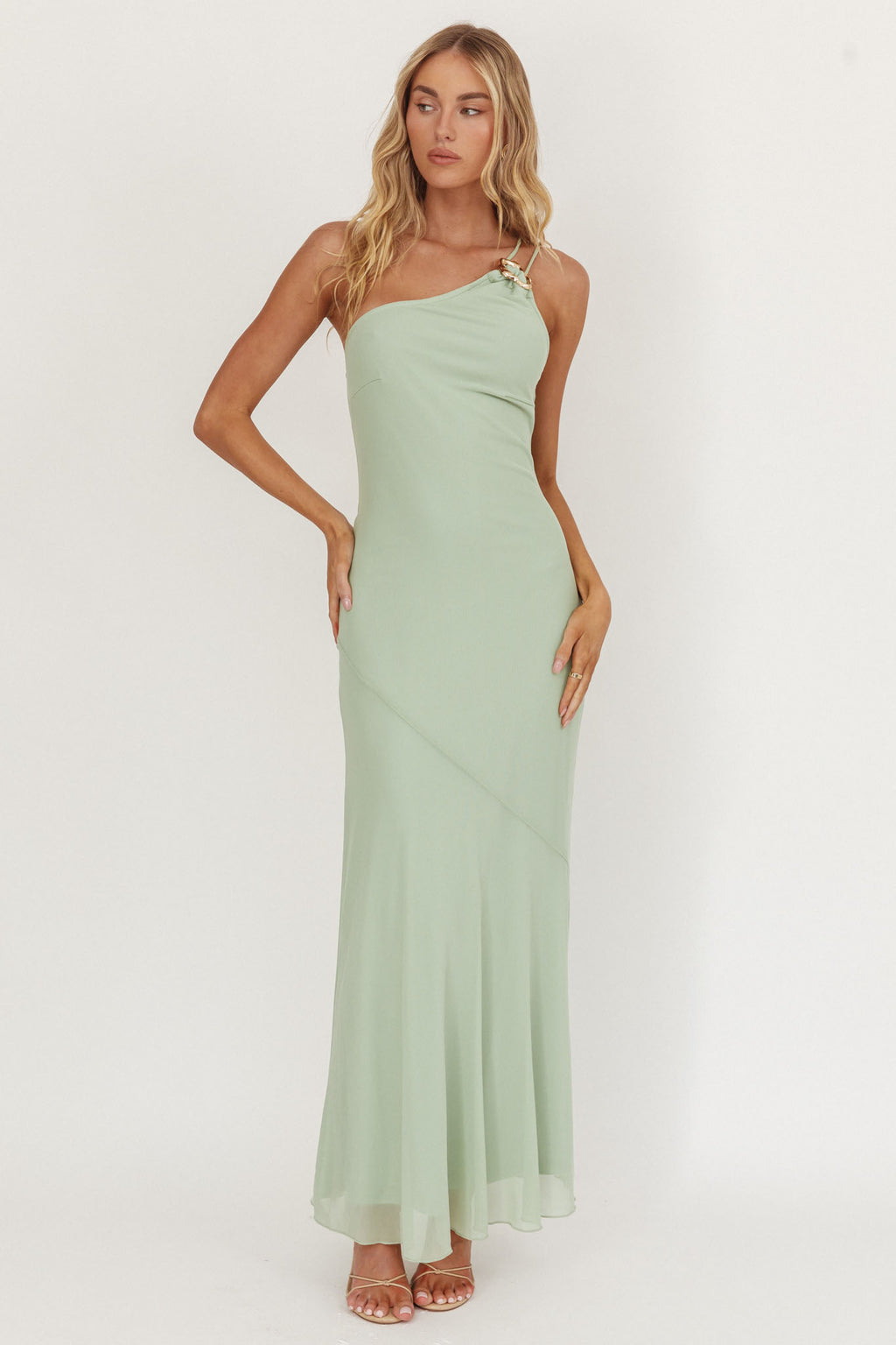 We Belong Together One-Shoulder Buckle Maxi Dress Mint by Selfie Leslie Australia