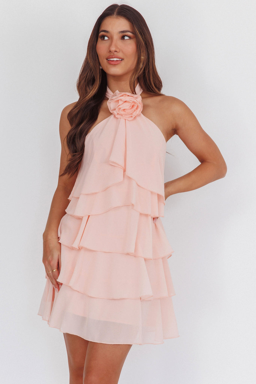 Southern Belles Halterneck Ruffle Mini Dress Pink by Selfie Leslie Australia