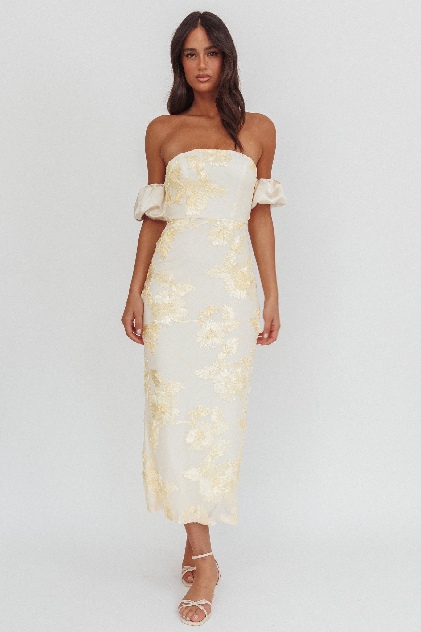 Roman Holiday Puff Sleeve Embellished Midi Dress Gold by Selfie Leslie Australia