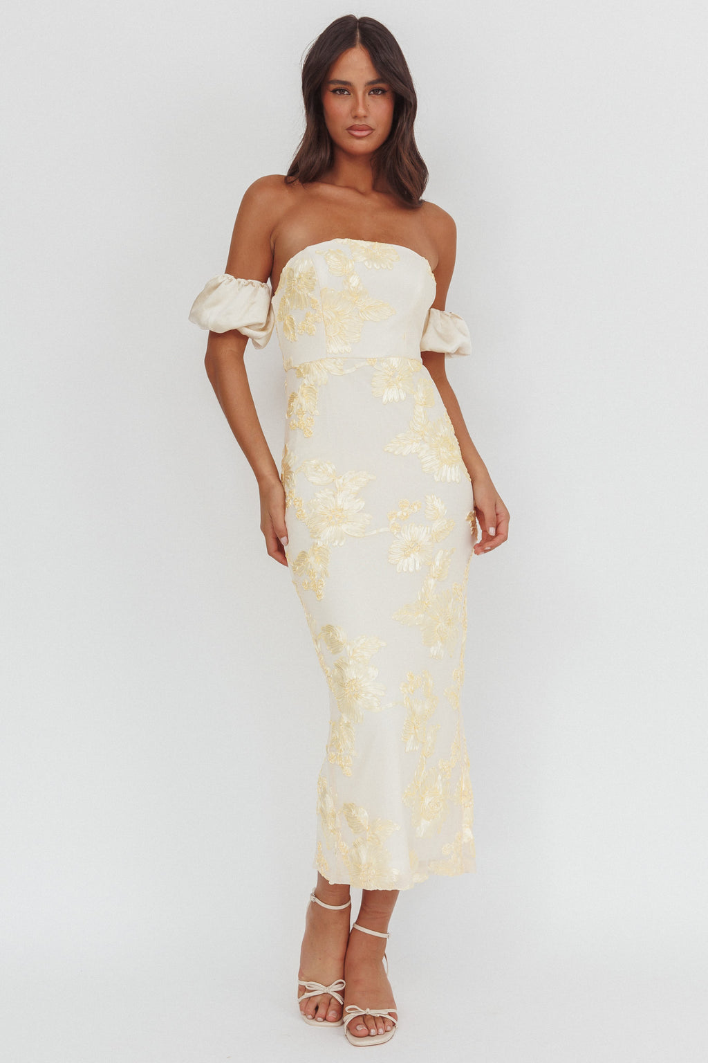 Roman Holiday Puff Sleeve Embellished Midi Dress Gold by Selfie Leslie Australia