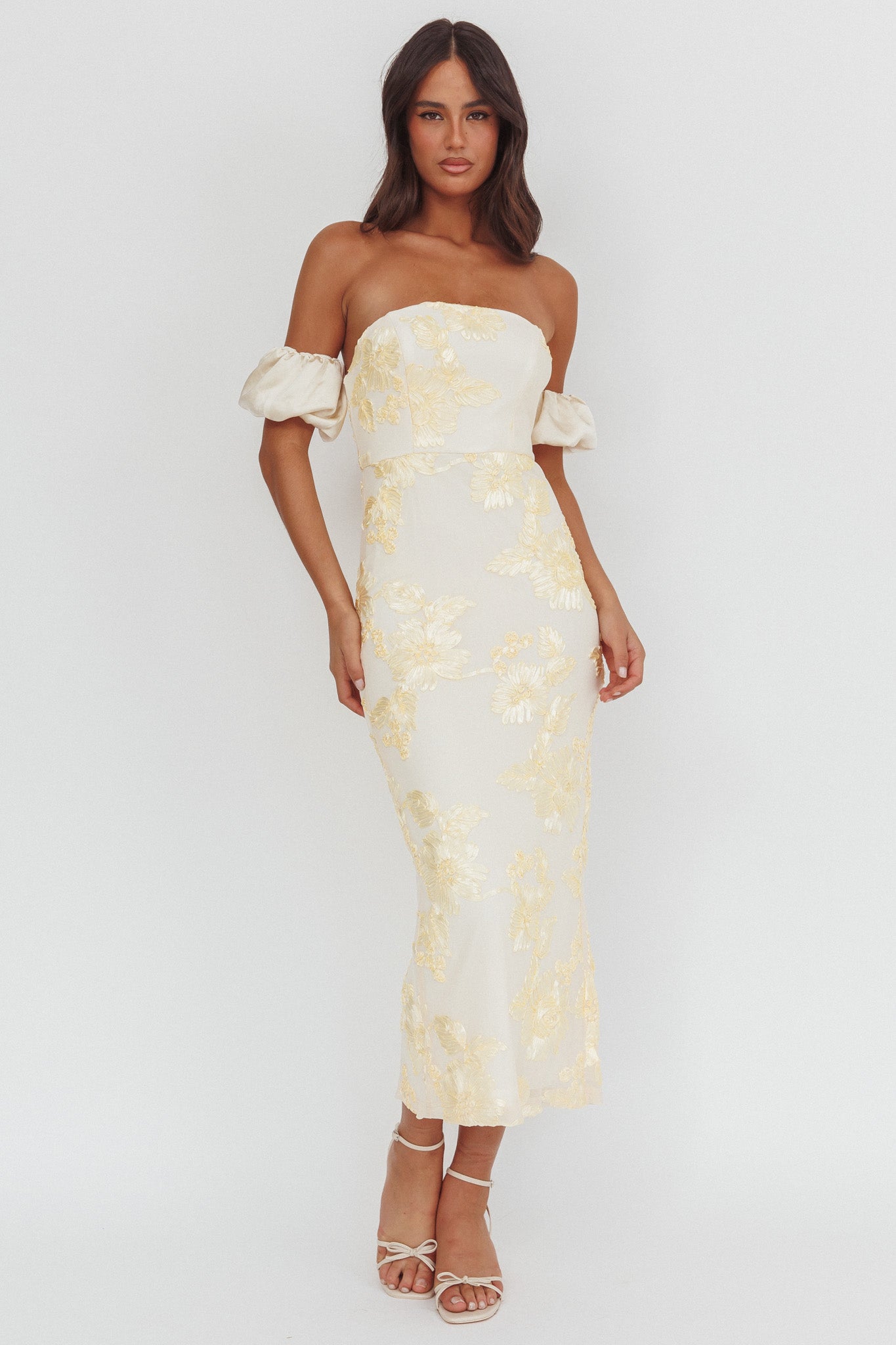 Roman Holiday Puff Sleeve Embellished Midi Dress Gold by Selfie Leslie Australia