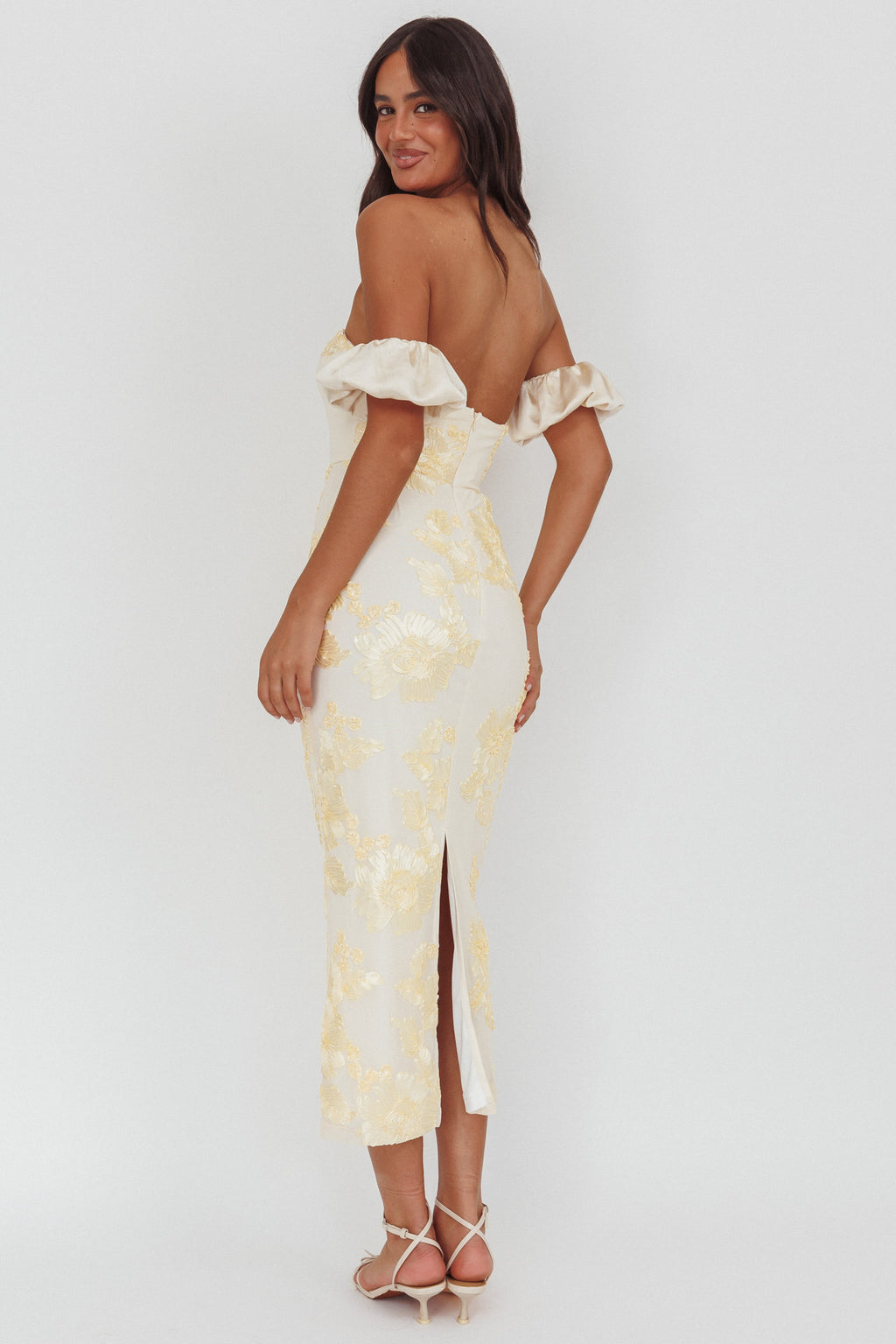 Roman Holiday Puff Sleeve Embellished Midi Dress Gold by Selfie Leslie Australia