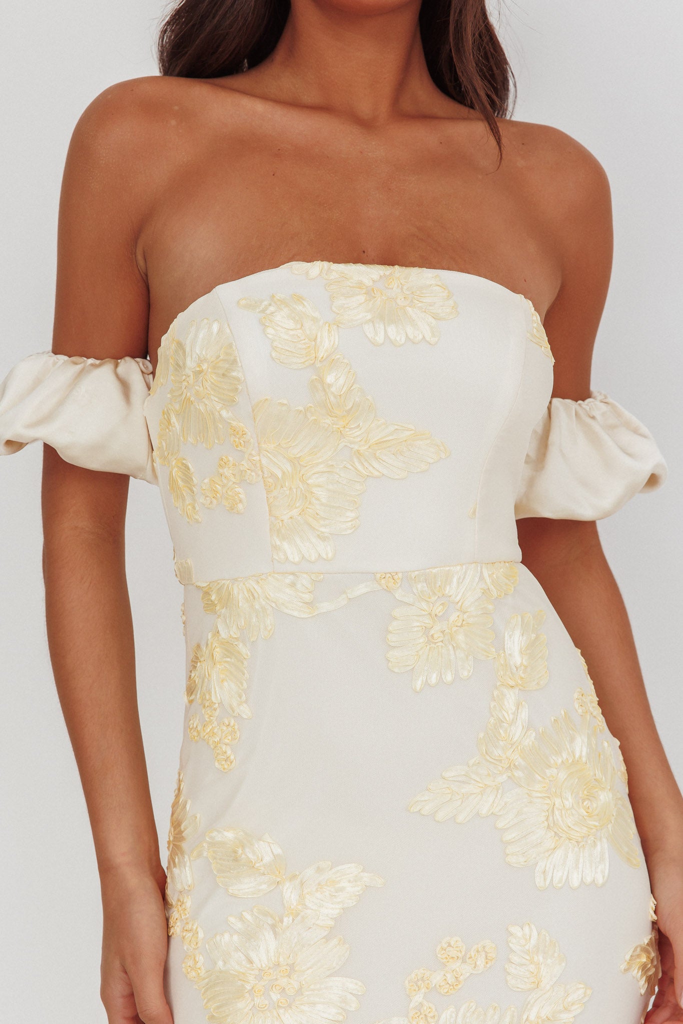 Roman Holiday Puff Sleeve Embellished Midi Dress Gold by Selfie Leslie Australia