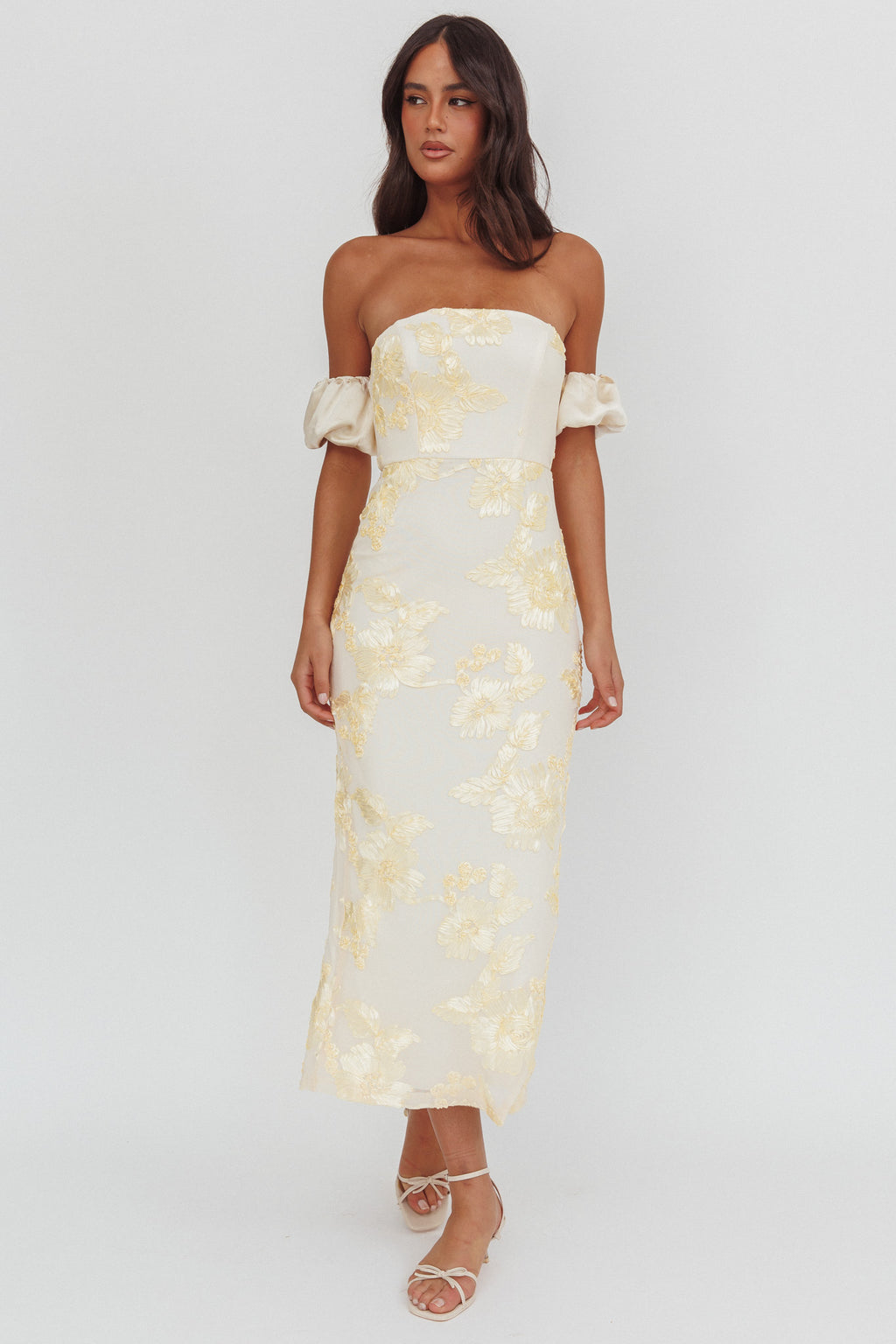 Roman Holiday Puff Sleeve Embellished Midi Dress Gold by Selfie Leslie Australia