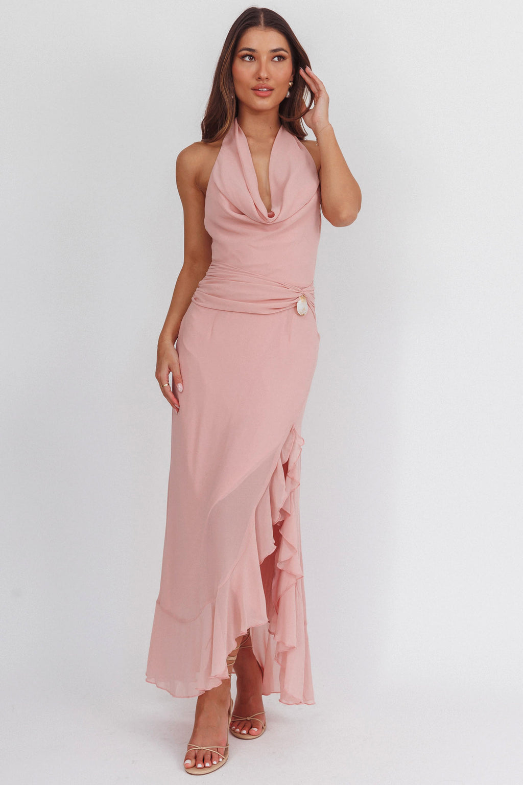 Logen Cowl Halterneck Maxi Dress Blush by Selfie Leslie Australia