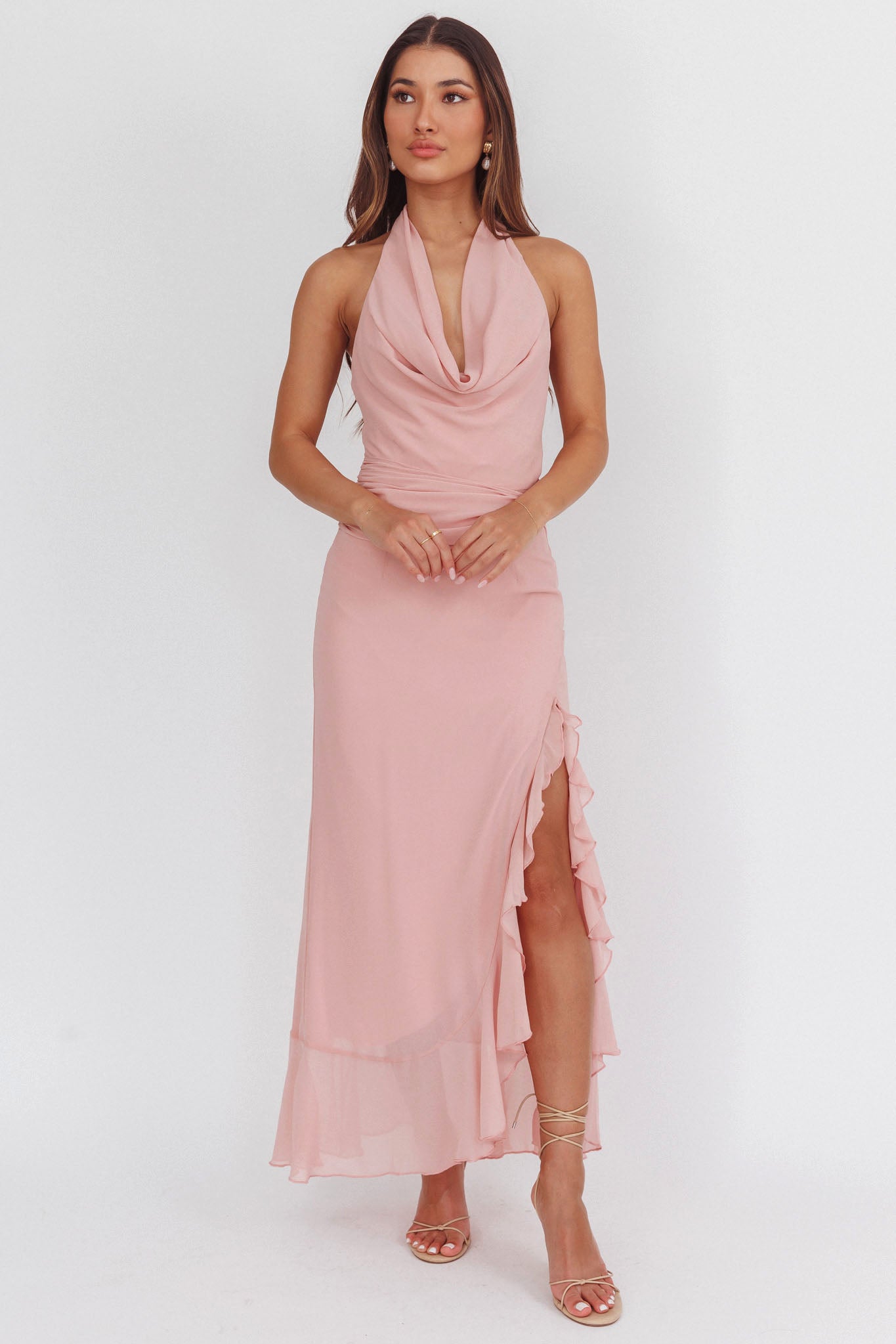 Logen Cowl Halterneck Maxi Dress Blush by Selfie Leslie Australia