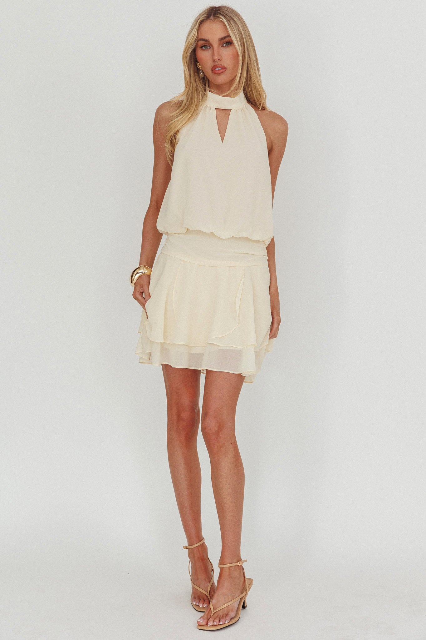 Give In Halterneck Layered Hem Mini Dress Butter by Selfie Leslie Australia