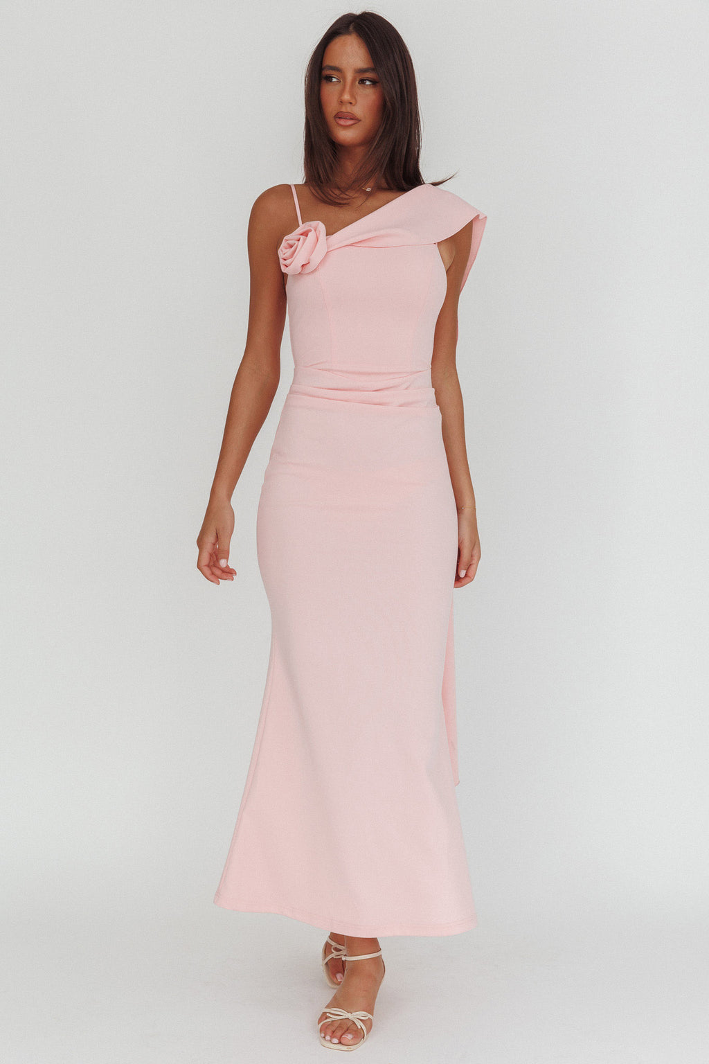 Sugar High Asymmetric Shoulder Drape Maxi Dress Pink by Selfie Leslie Australia