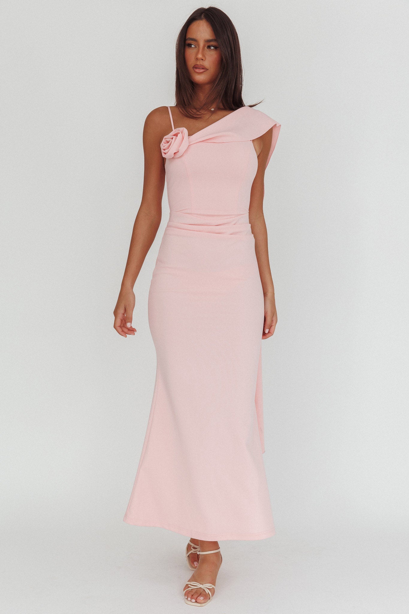 Sugar High Asymmetric Shoulder Drape Maxi Dress Pink by Selfie Leslie Australia