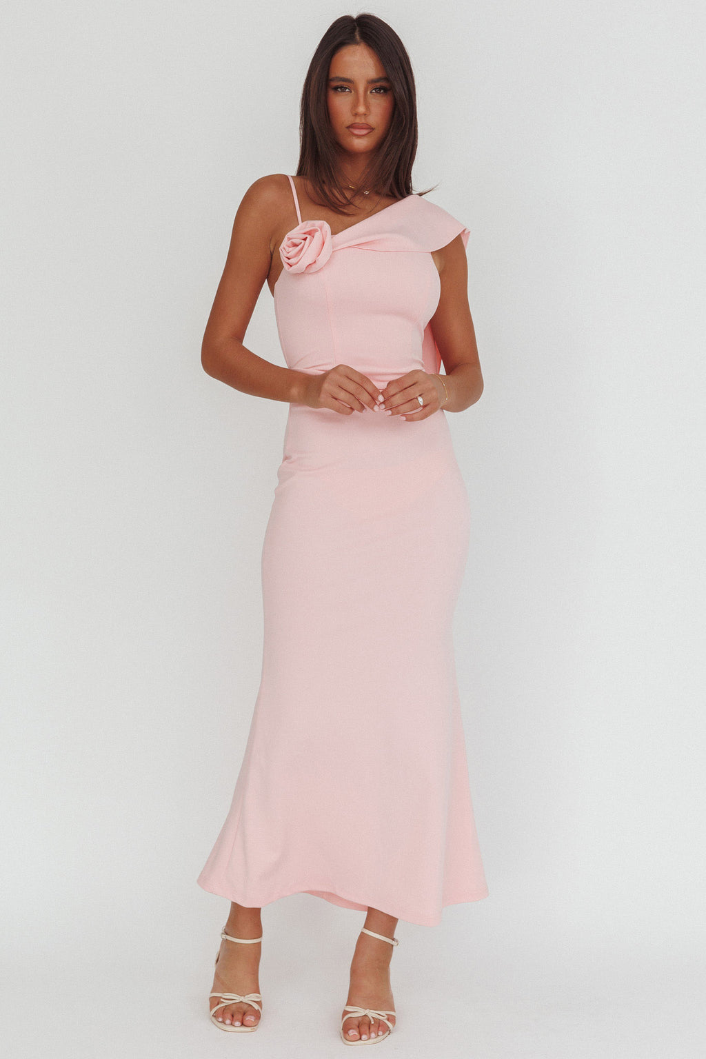 Sugar High Asymmetric Shoulder Drape Maxi Dress Pink by Selfie Leslie Australia
