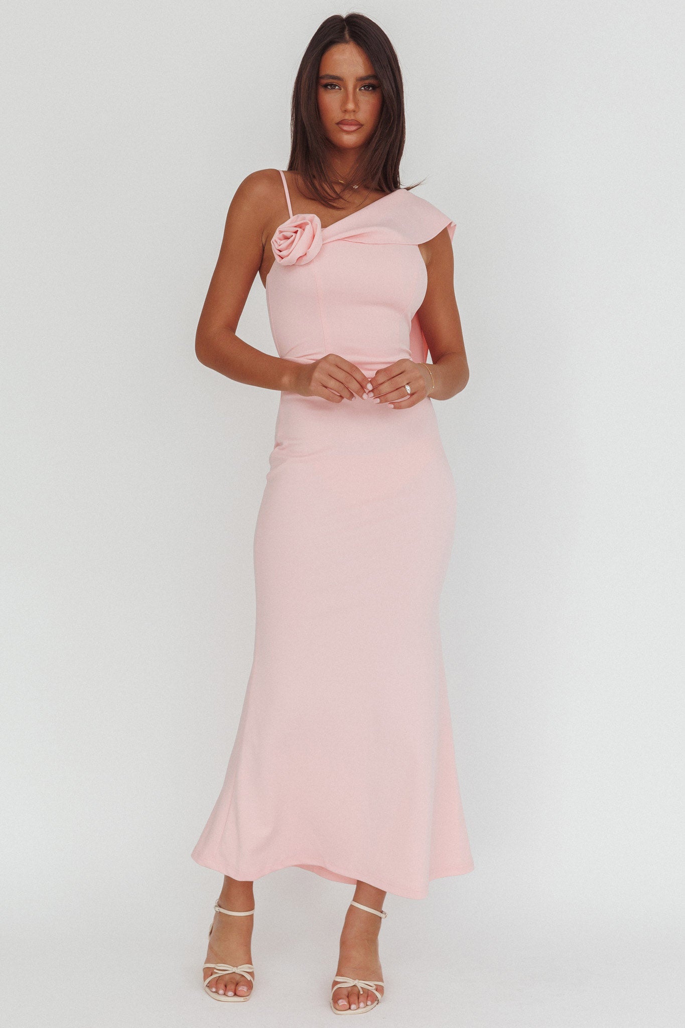 Sugar High Asymmetric Shoulder Drape Maxi Dress Pink by Selfie Leslie Australia