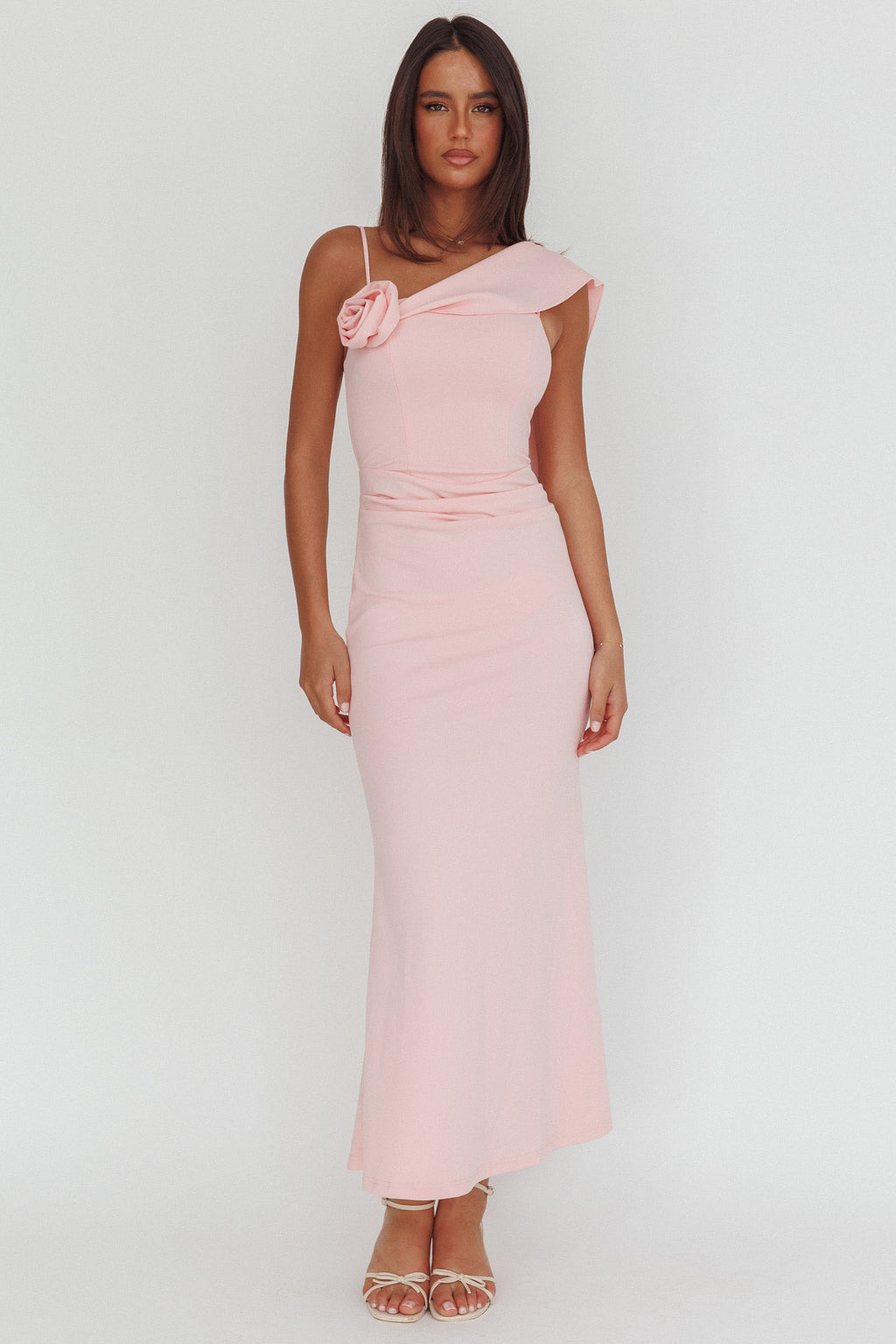 Sugar High Asymmetric Shoulder Drape Maxi Dress Pink by Selfie Leslie Australia