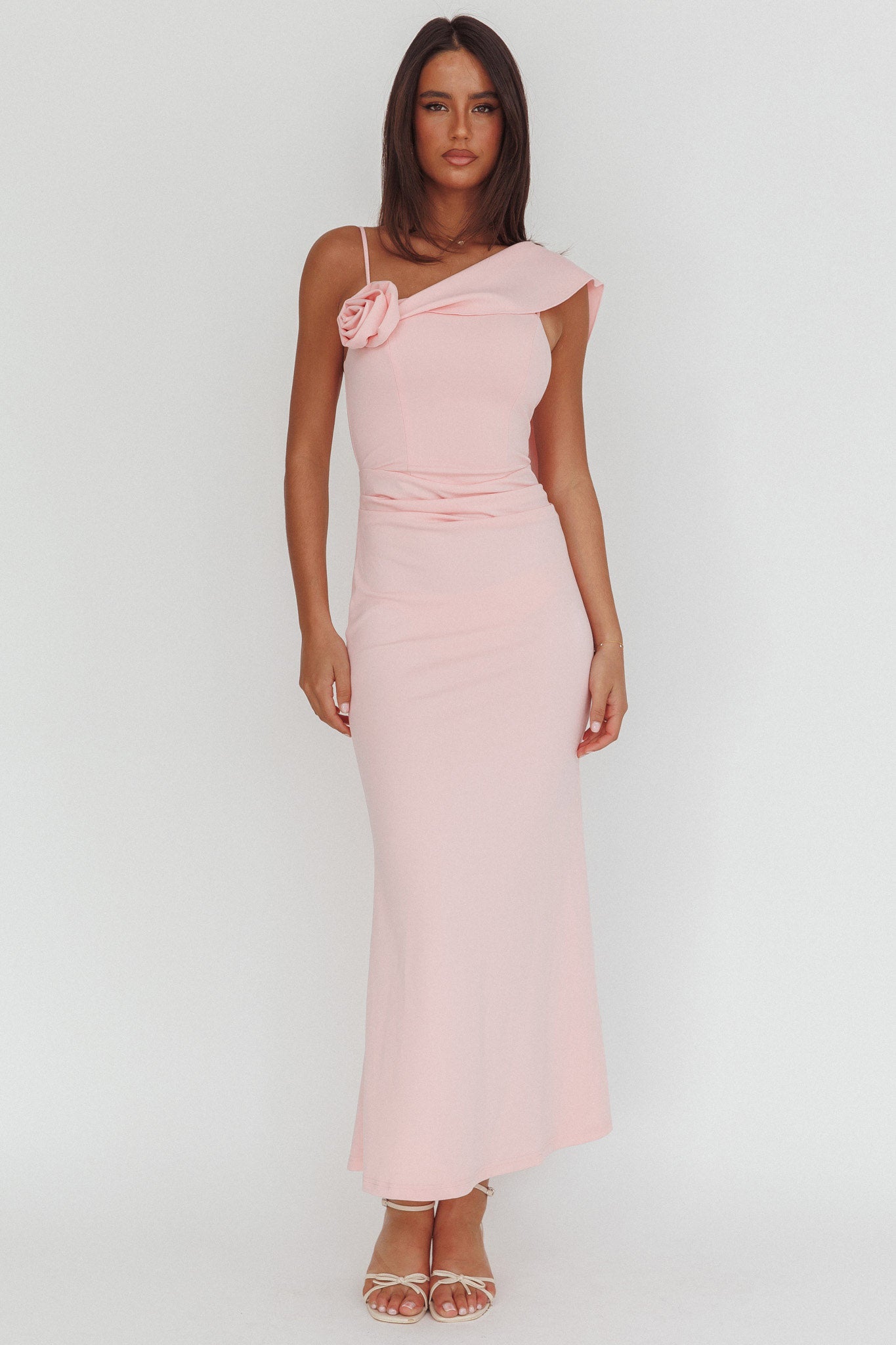 Sugar High Asymmetric Shoulder Drape Maxi Dress Pink by Selfie Leslie Australia