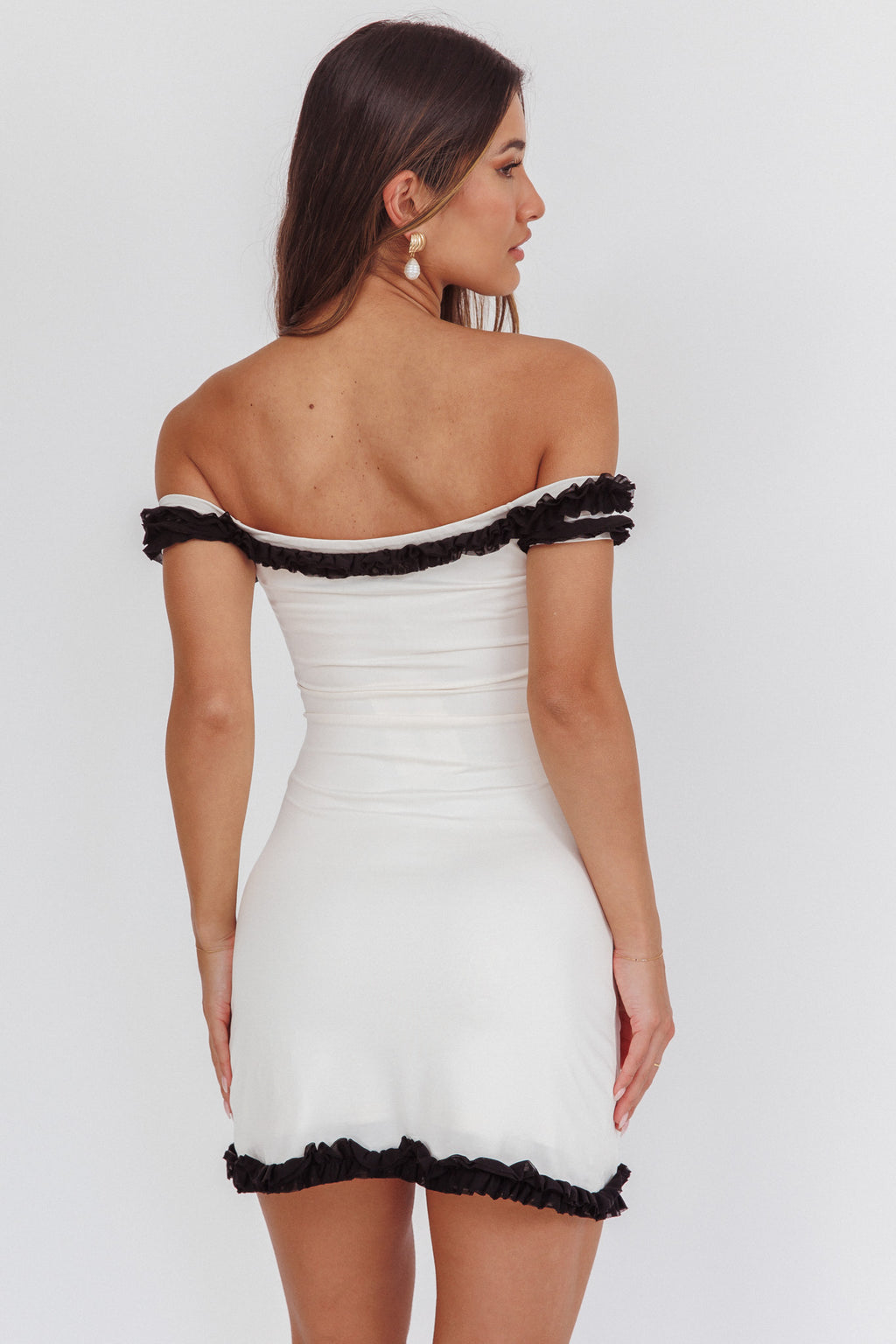 Maysie Off-Shoulder Frill Trim Mini Dress Cream by Selfie Leslie Australia