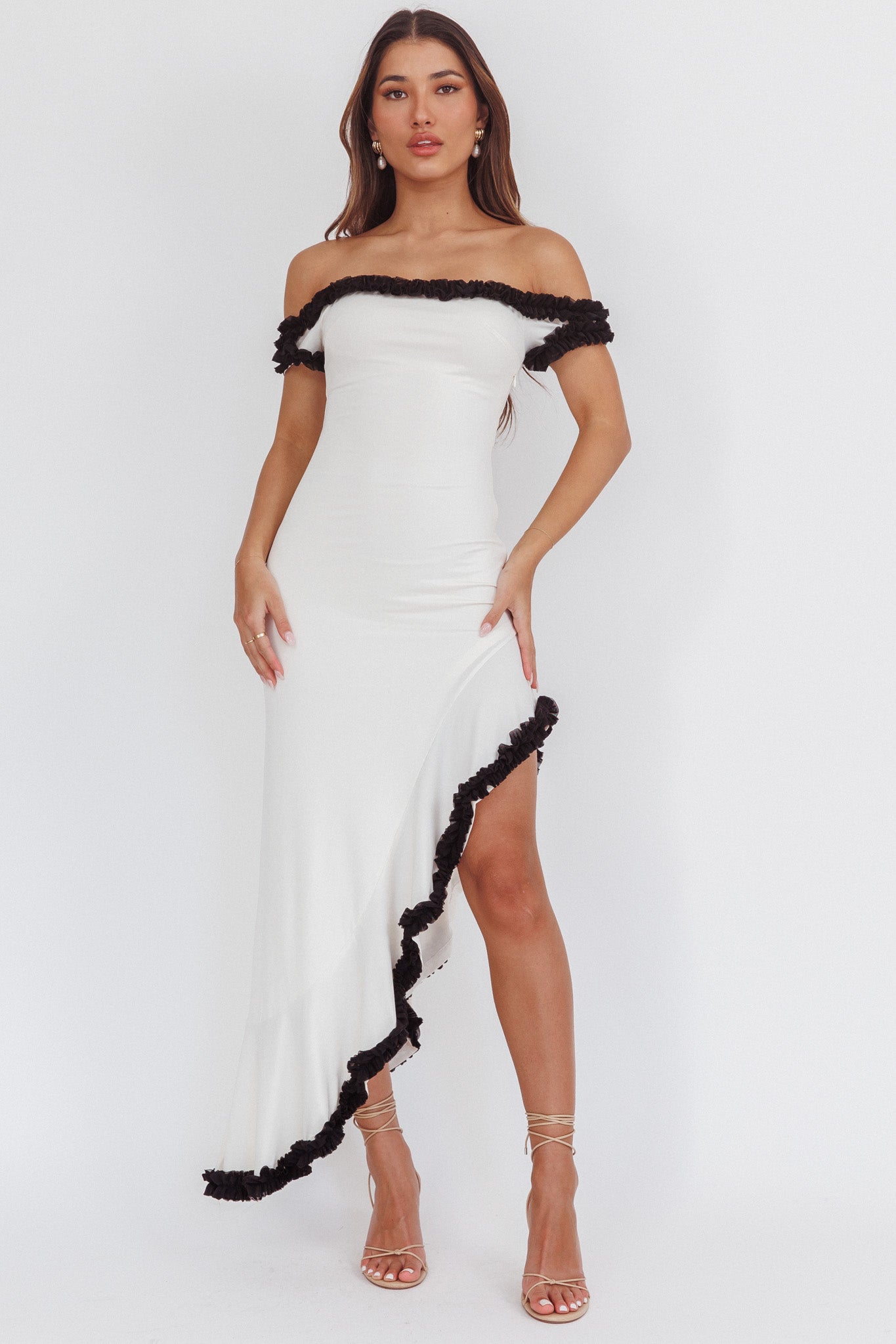 Shake It Off Asymmetric Off-Shoulder Dress Cream by Selfie Leslie Australia