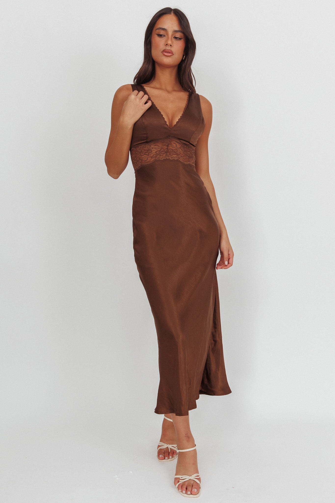 So Sweet Lace Trim Maxi Dress Chocolate by Selfie Leslie Australia