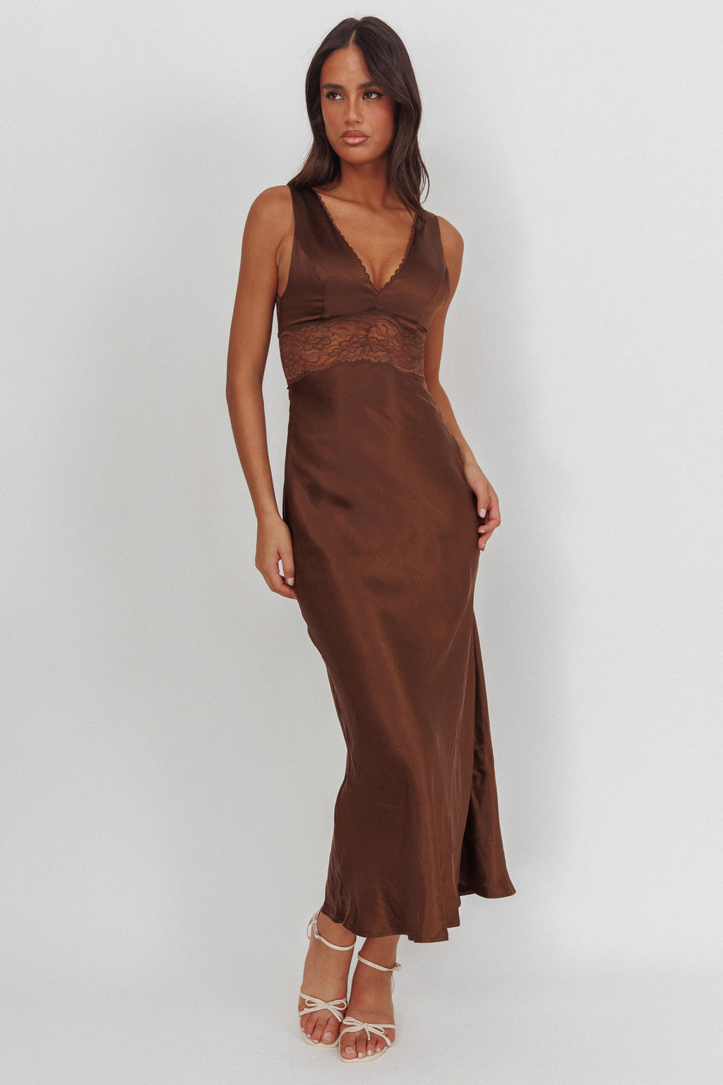 So Sweet Lace Trim Maxi Dress Chocolate by Selfie Leslie Australia