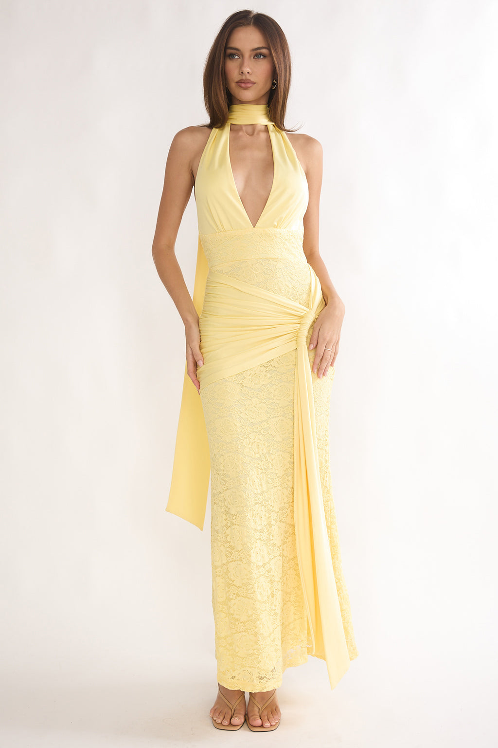Adair Halterneck Waist Sash Maxi Dress Lace Butter by Selfie Leslie Australia