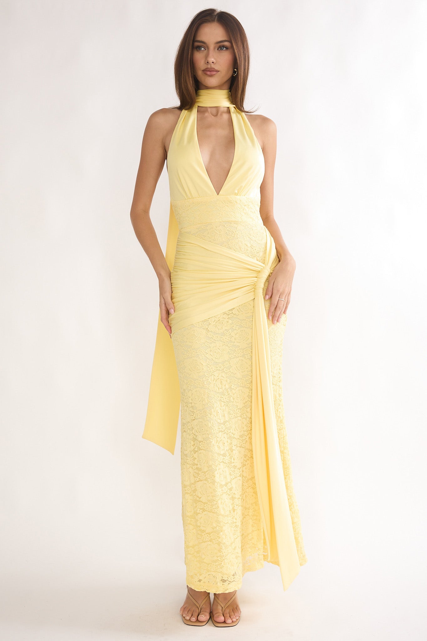 Adair Halterneck Waist Sash Maxi Dress Lace Butter by Selfie Leslie Australia