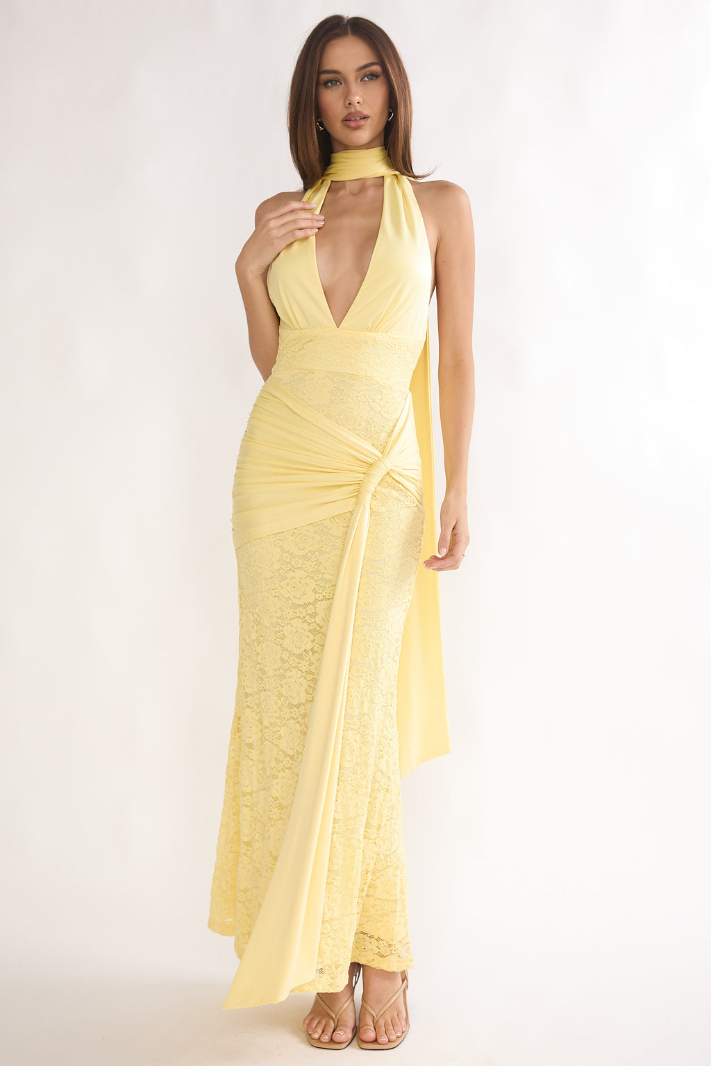 Adair Halterneck Waist Sash Maxi Dress Lace Butter by Selfie Leslie Australia