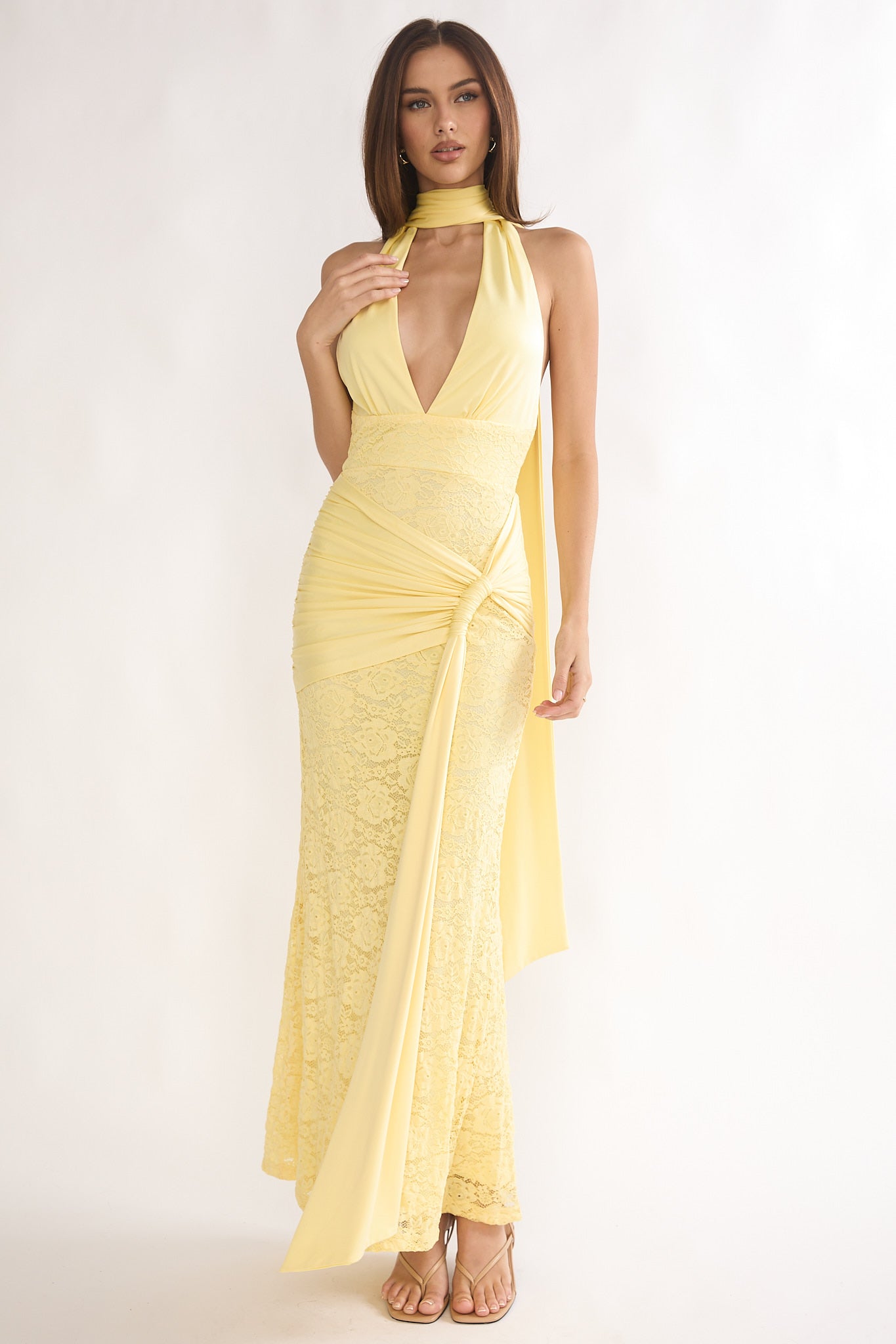 Adair Halterneck Waist Sash Maxi Dress Lace Butter by Selfie Leslie Australia