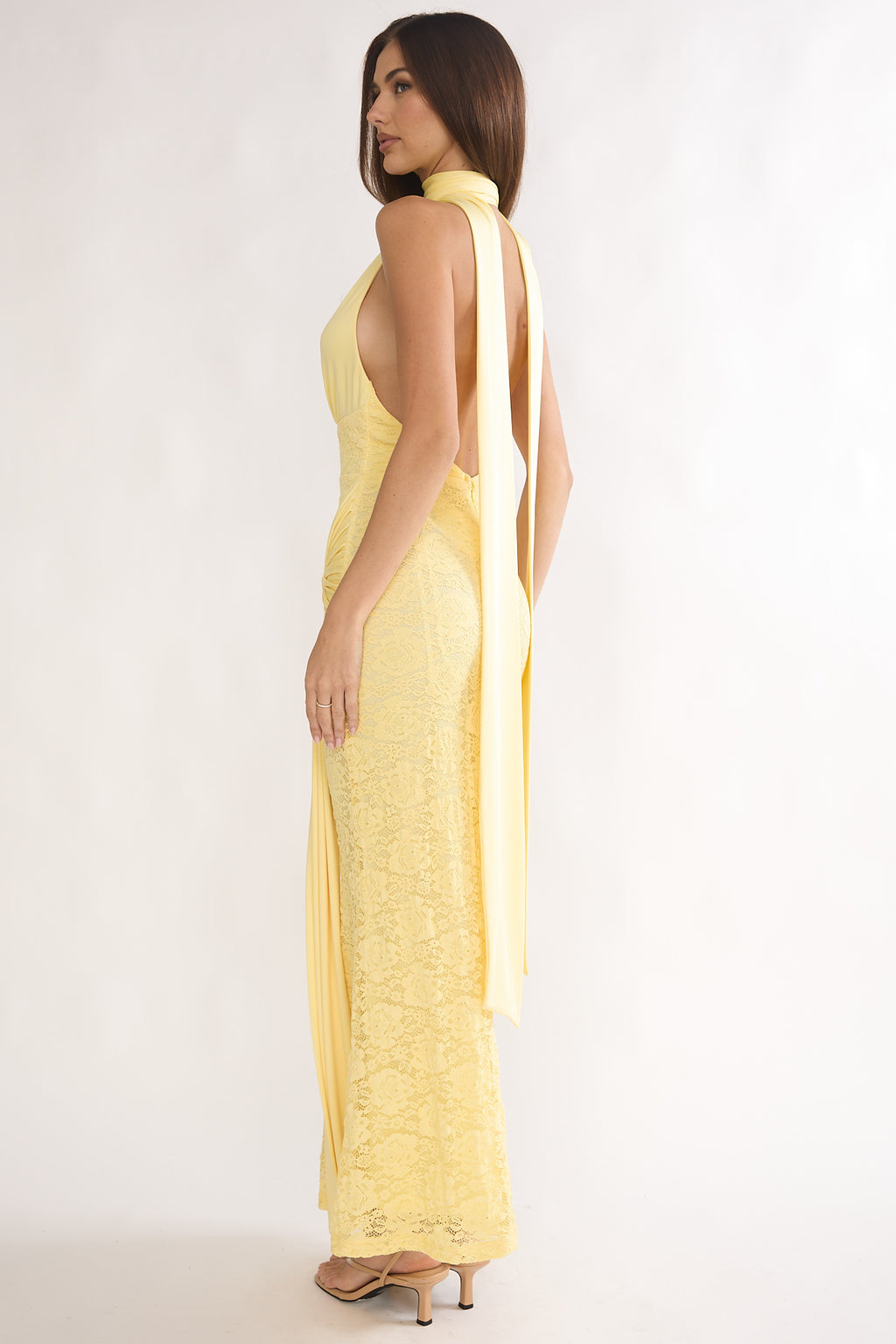 Adair Halterneck Waist Sash Maxi Dress Lace Butter by Selfie Leslie Australia