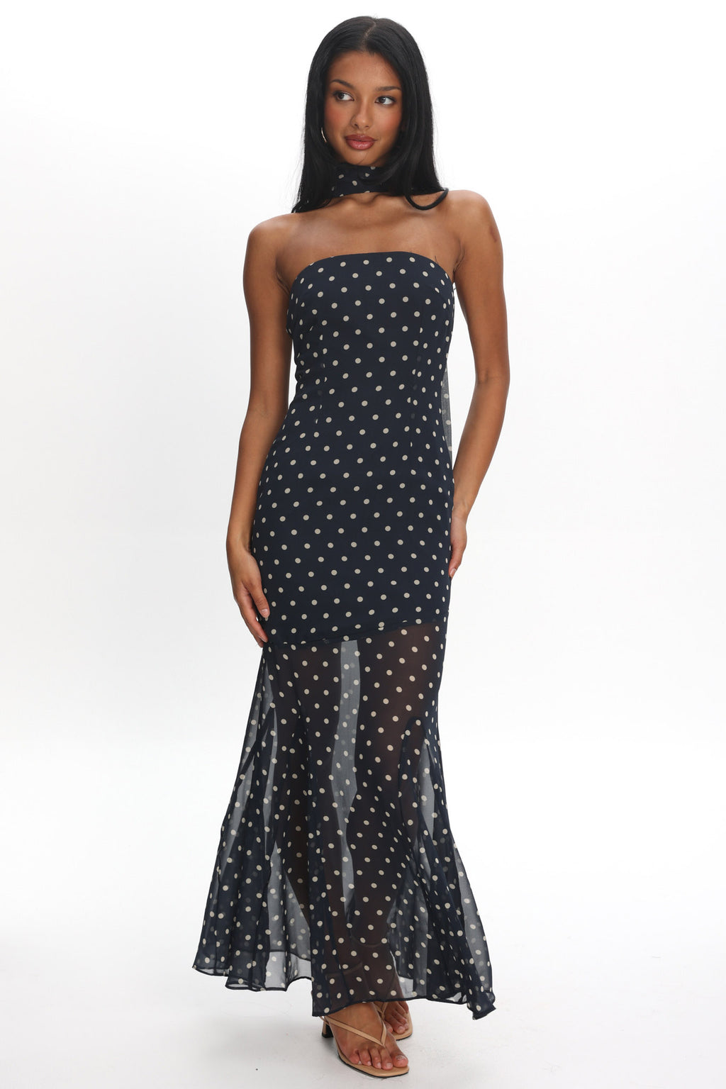Calluna Strapless Sheer Godet Hem Maxi Dress Print Navy by Selfie Leslie Australia
