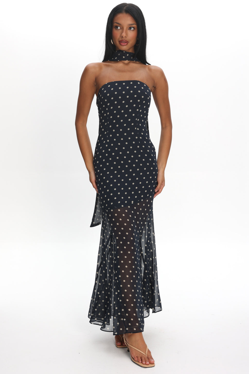 Calluna Strapless Sheer Godet Hem Maxi Dress Print Navy by Selfie Leslie Australia