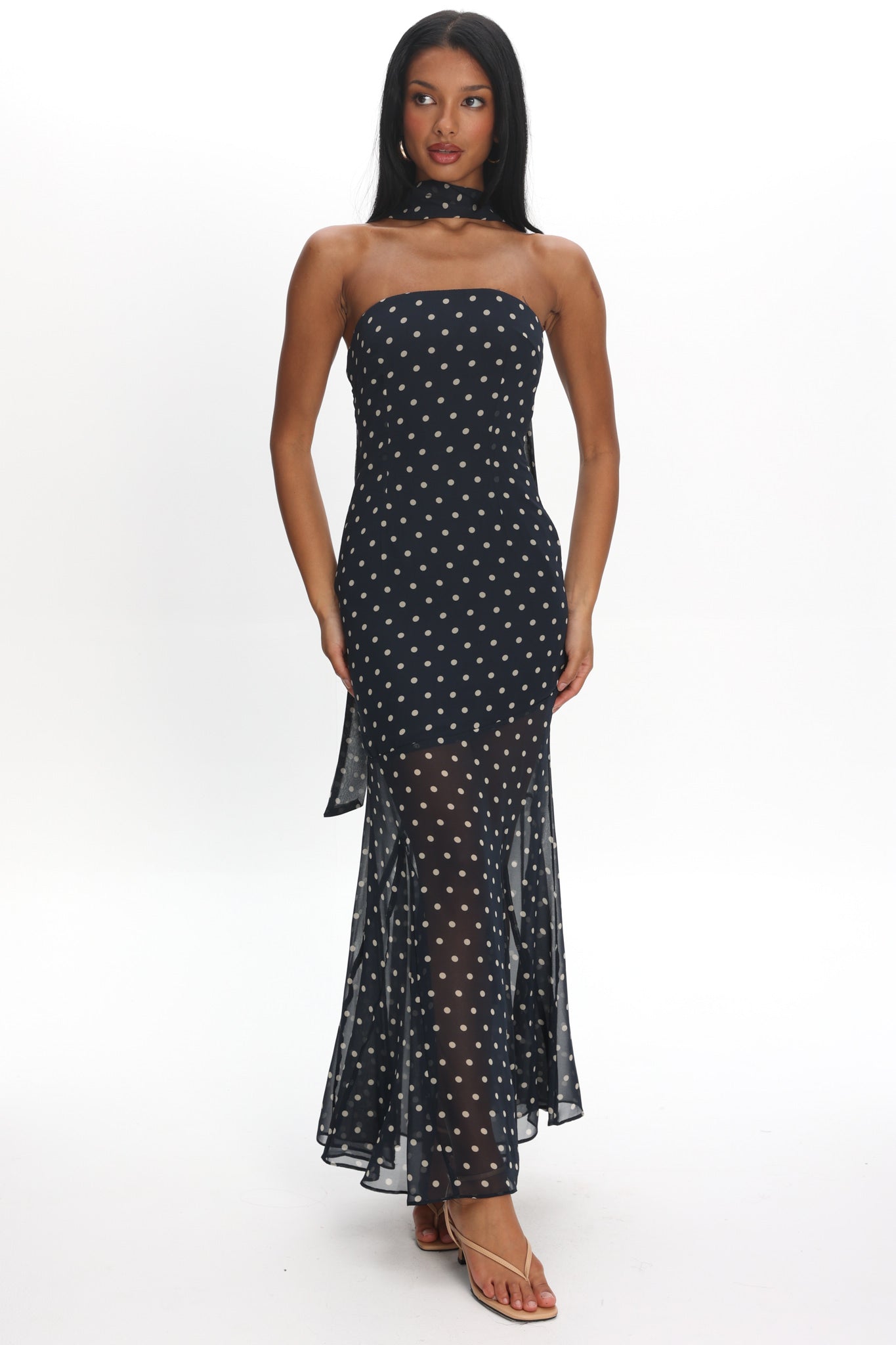 Calluna Strapless Sheer Godet Hem Maxi Dress Print Navy by Selfie Leslie Australia