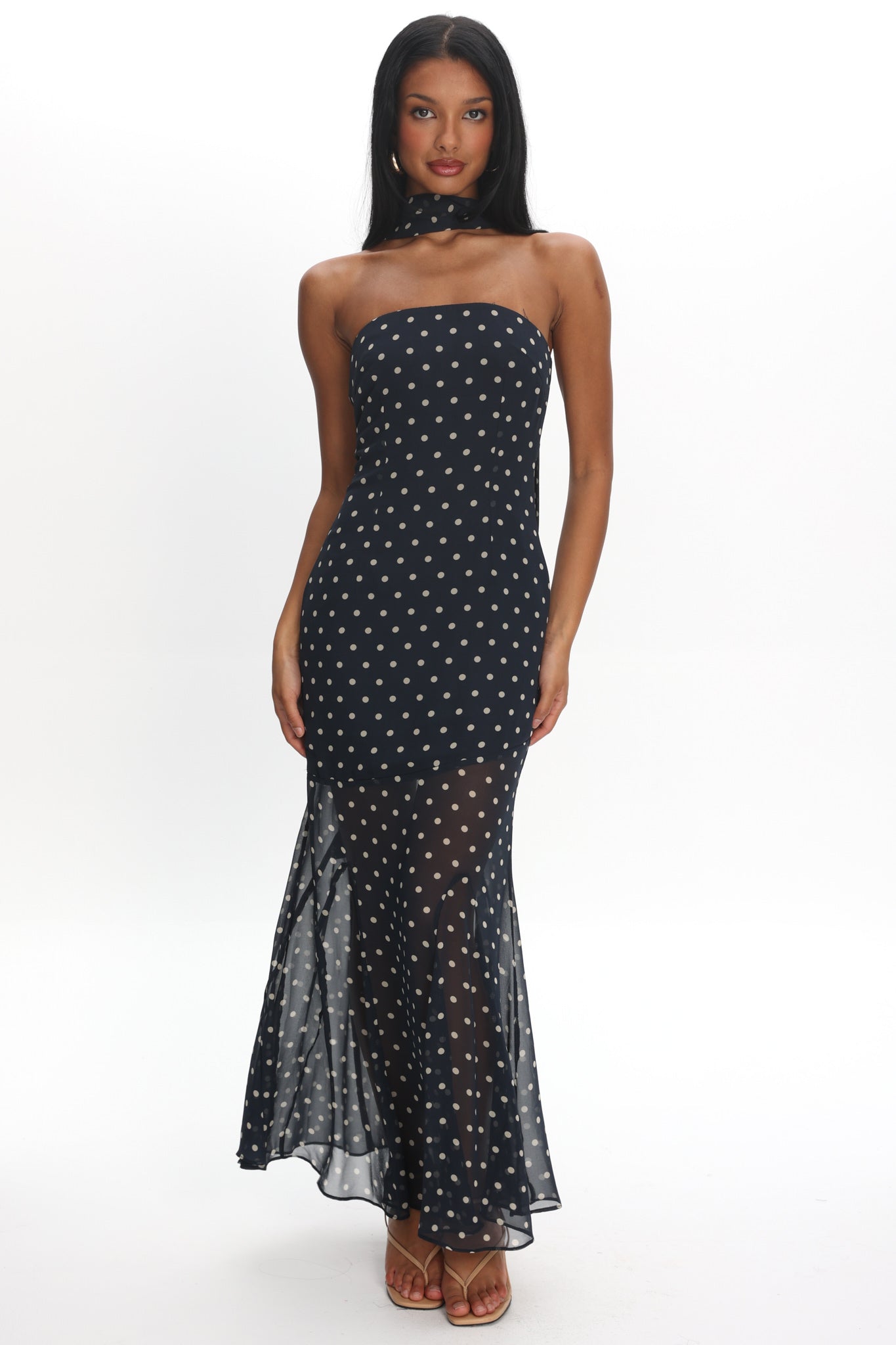 Calluna Strapless Sheer Godet Hem Maxi Dress Print Navy by Selfie Leslie Australia
