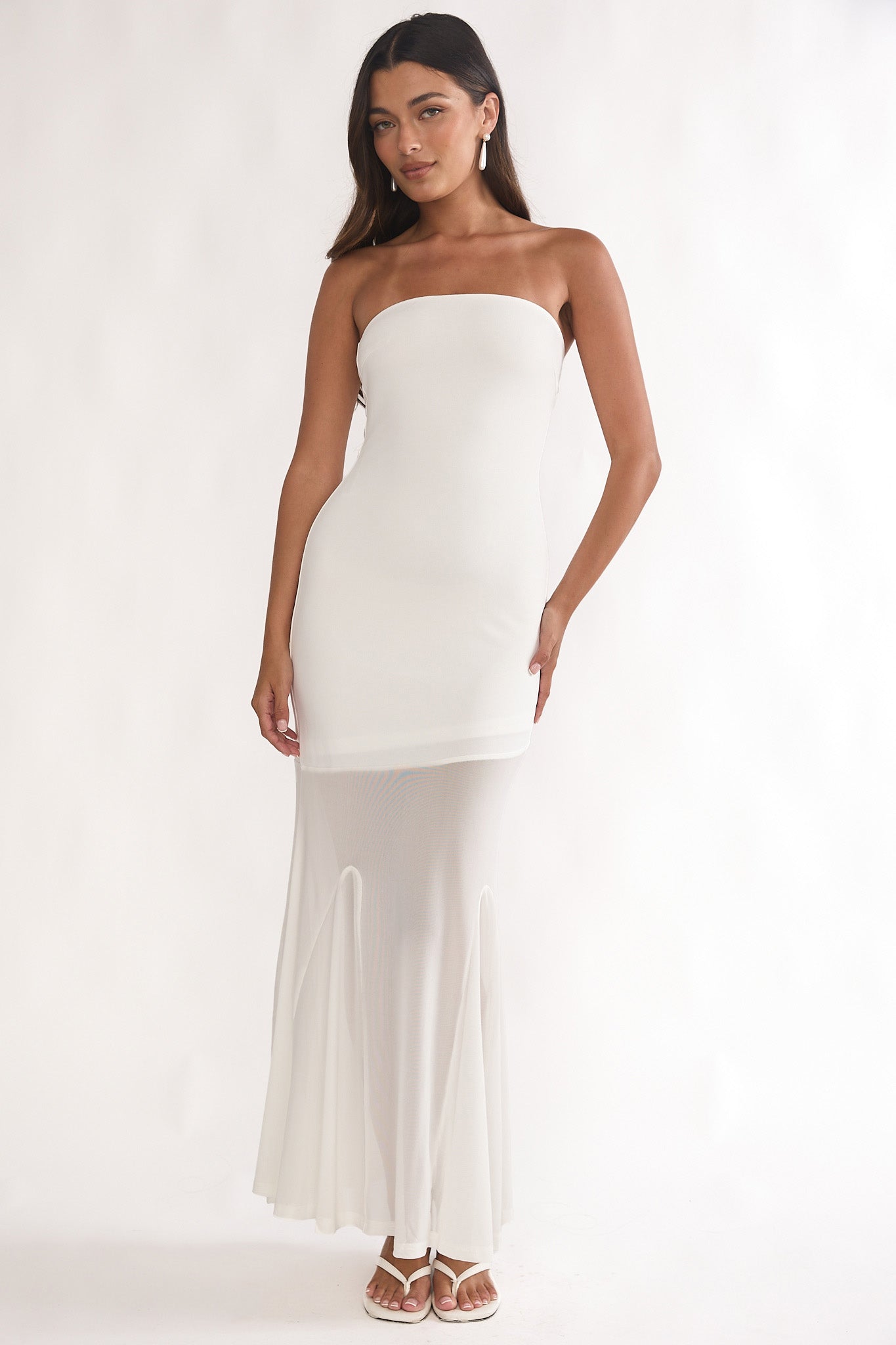 Calluna Strapless Sheer Godet Hem Maxi Dress White by Selfie Leslie Australia