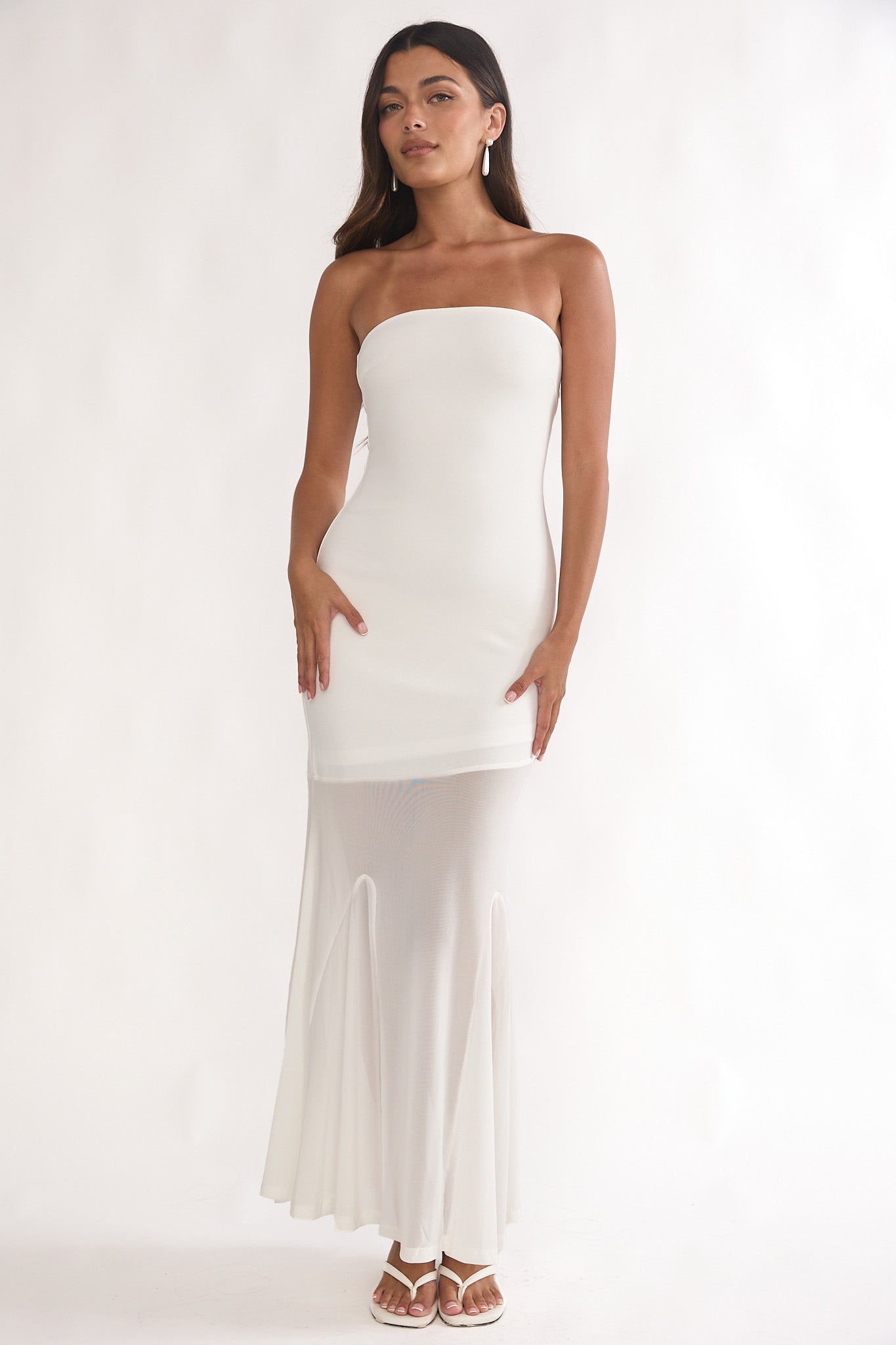 Calluna Strapless Sheer Godet Hem Maxi Dress White by Selfie Leslie Australia