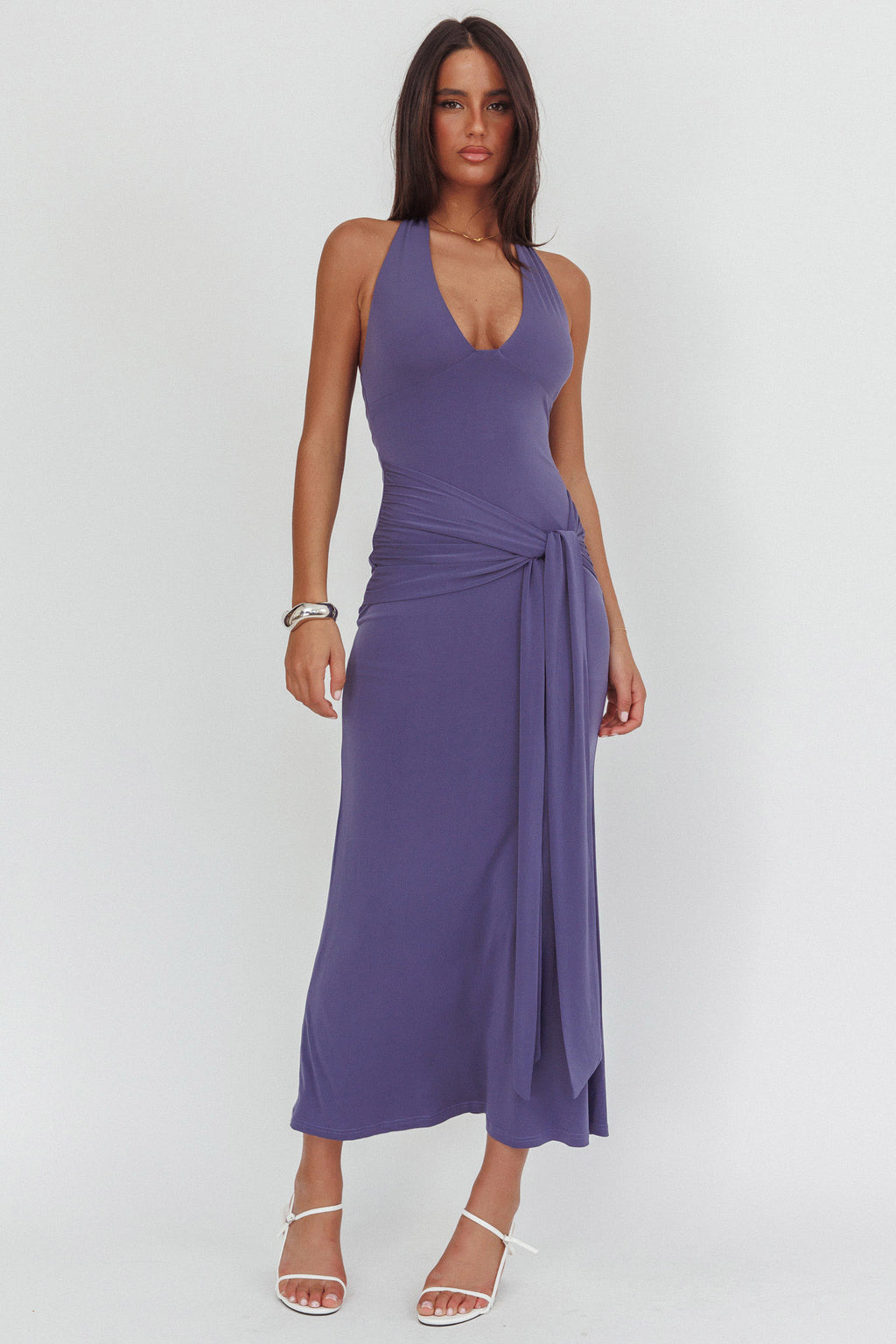 Matchmakers Sash Waist Halter Maxi Dress Taupe by Selfie Leslie Australia