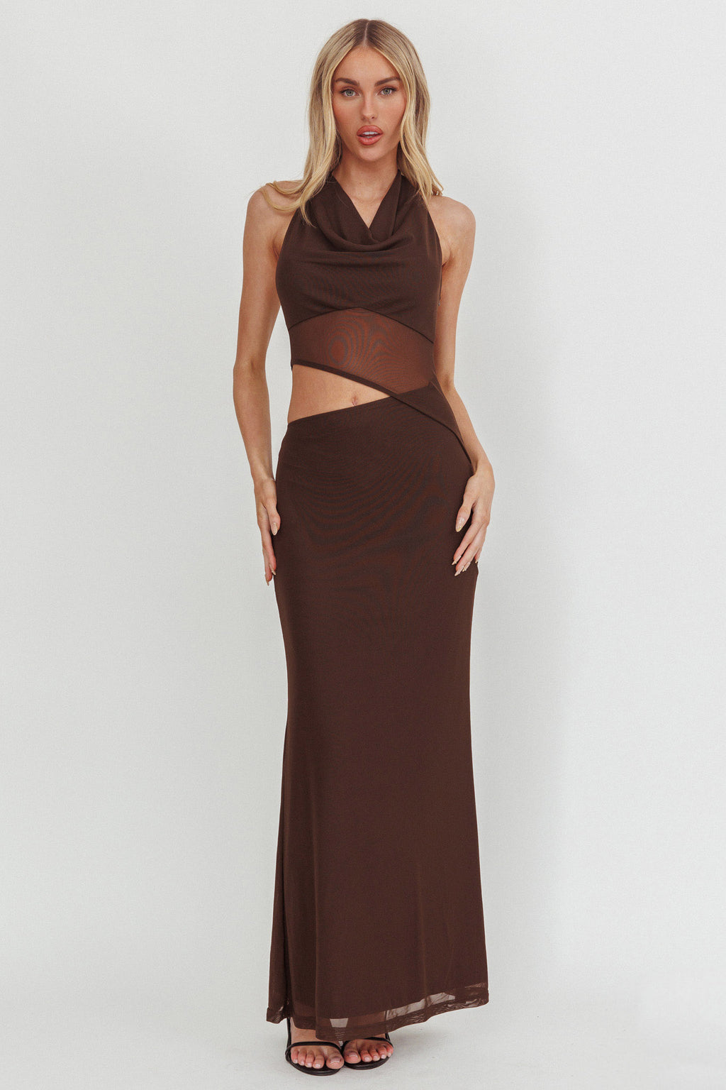 Playing Games Cut-Out Cowl Halter Dress Chocolate by Selfie Leslie Australia